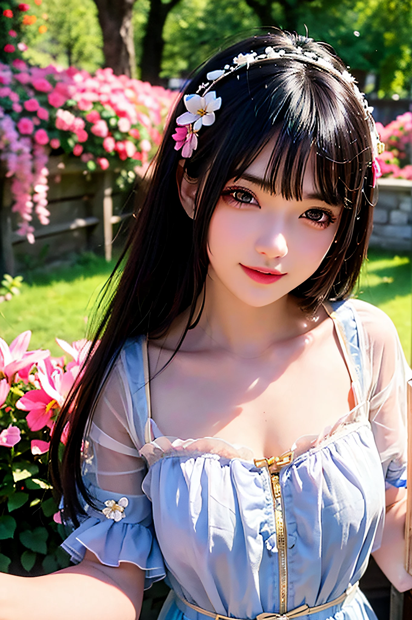 A girl in a garden, medium: oil painting, beautiful detailed eyes, beautiful detailed lips, extremely detailed eyes and face, long eyelashes, 1 girl, exotic appearance, confident expression, wearing a vibrant floral dress, posing in the middle of a blooming garden, surrounded by colorful flowers, under the soft sunlight, with a view of the distant mountains and a clear blue sky overhead, capturing her joyful and carefree spirit. (best quality, 4k, highres, ultra-detailed), realistic, HDR, studio lighting, vivid colors, bokeh, portraits, vibrant and saturated color tones, soft and warm lighting.