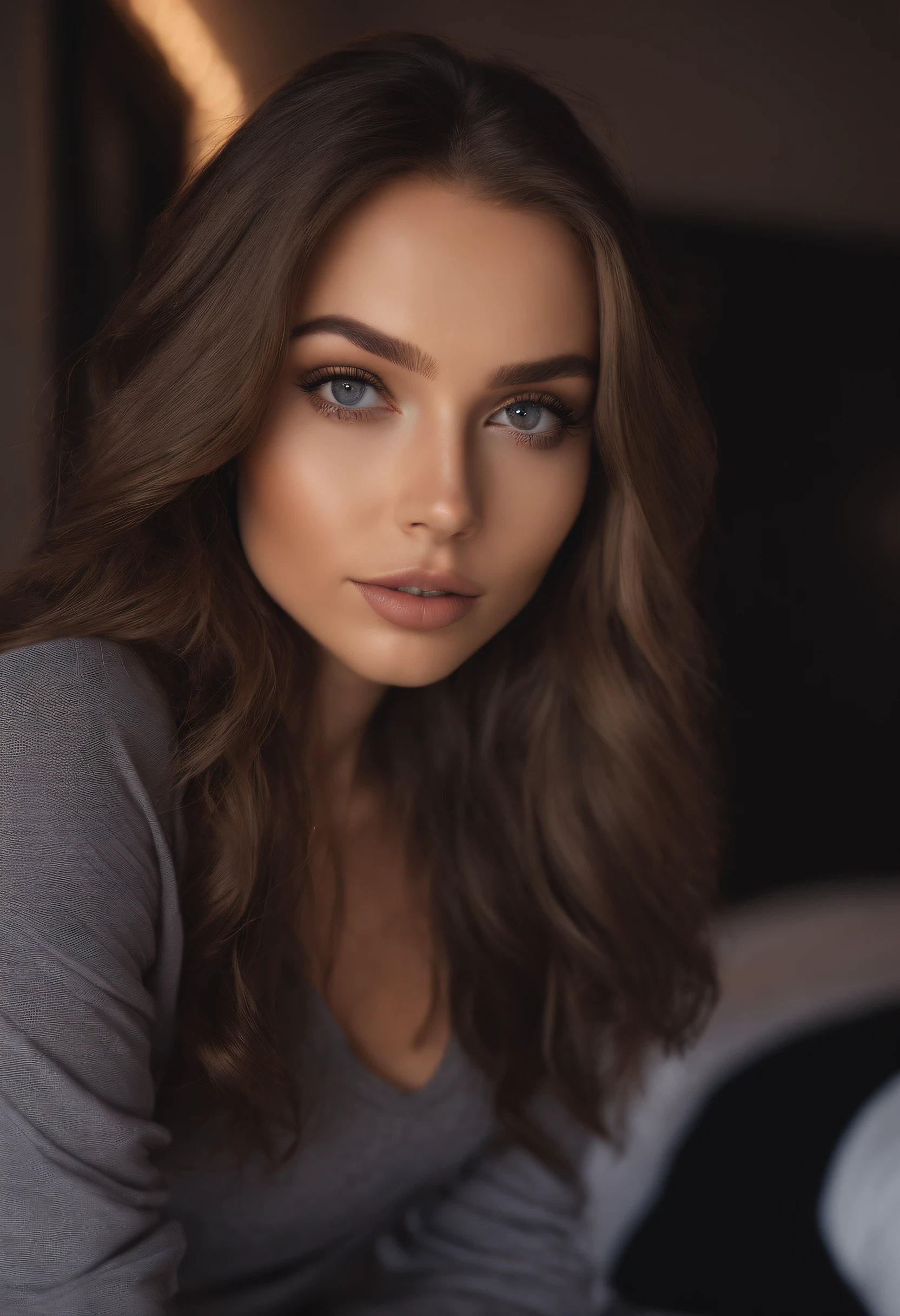 arafed woman with black clothes, sexy girl with brown eyes, portrait sophie mudd, brown hair and large eyes, selfie of a young woman, bedroom eyes, violet myers, without makeup, natural makeup, looking directly at the camera, face with artgram, subtle makeup, stunning full body shot, in bedroom, cleavage