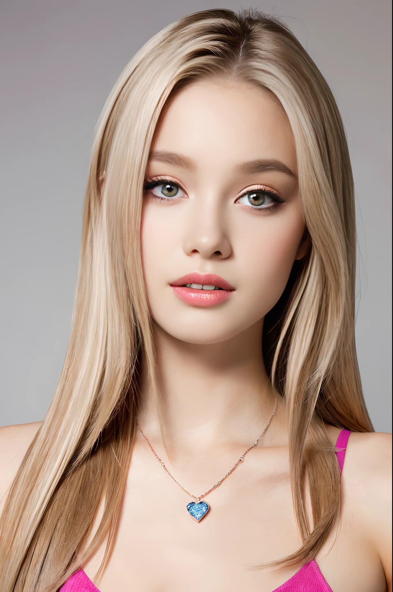 beautiful a girl, brown_eyes, ((Beautiful slim teenage girl 18 years old, hair-color [Gradated blonde hair], [Pixie with undercuts]The hair)), a necklace, s lips, realisitic, big breasts thin waist, Charming, pink lipsticks, colorful makeup, long eyeslashes, 耳Nipple Ring, wearing eyeliner, fair white skin, (cute little), (详细的脸), A detailed eye, Detailed iris