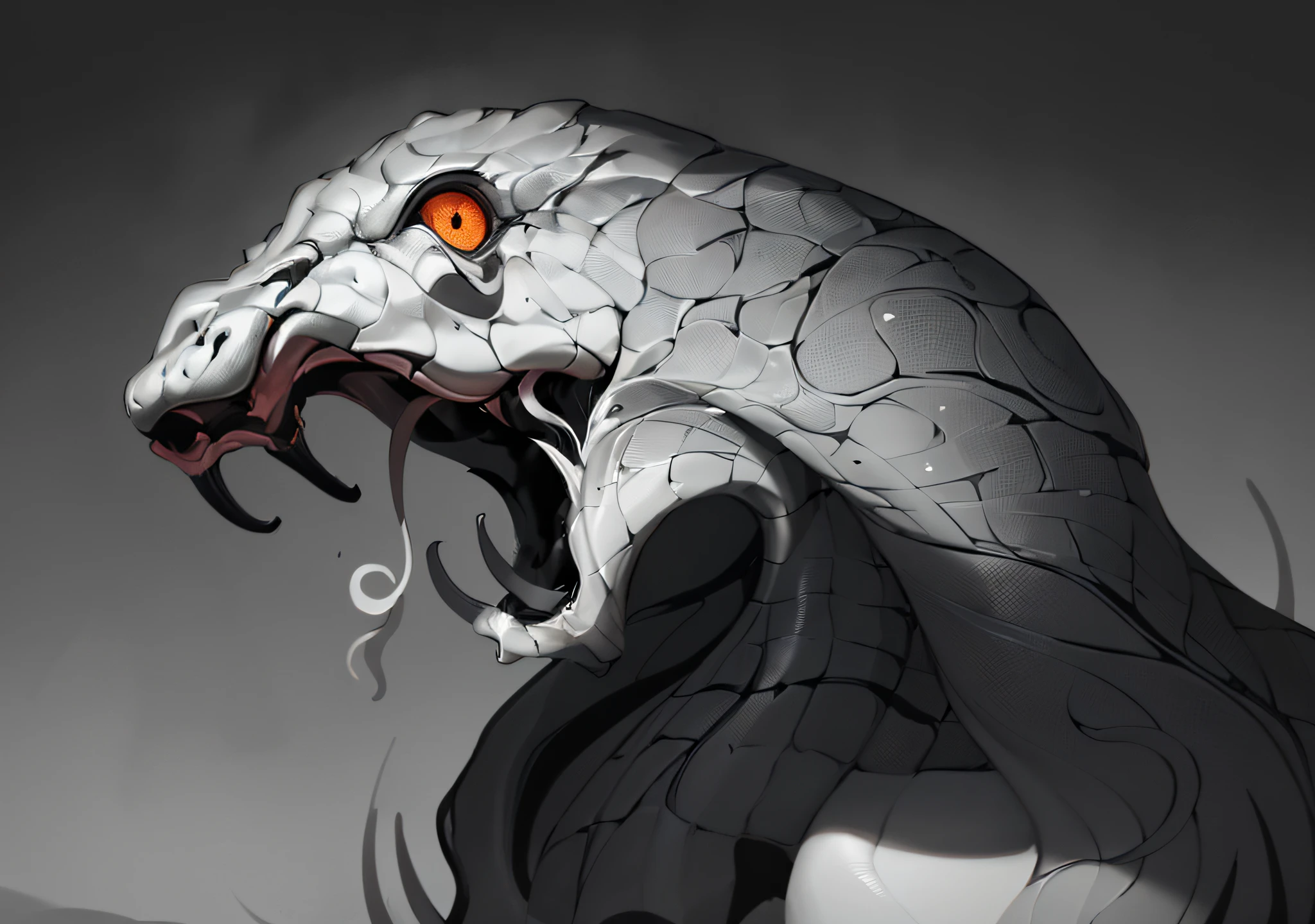 Close-up of a snake opening its mouth and opening its mouth, clean lineart, thick lineart, detailed digital drawing, dragon with scars, stylized linework, thick black lineart, bold lineart, mostly greyscale, detailed creature, dark linework, intense line art, detailed jaw and eyes, Simple lines of art, hyper detailed line art