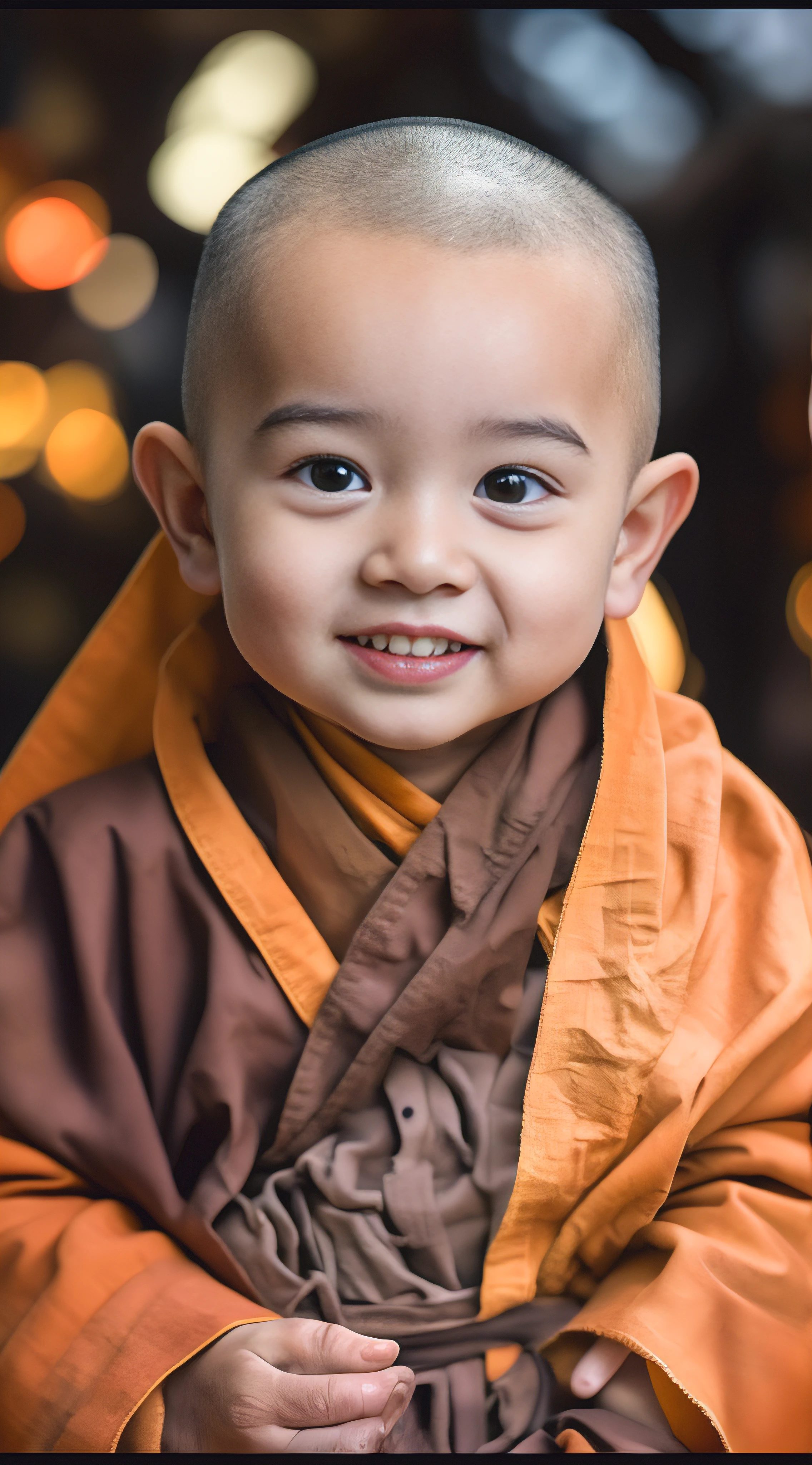 A young monk dressed in a monk's robe，had his hands folded，sit with legs crossed，Smile at the camera