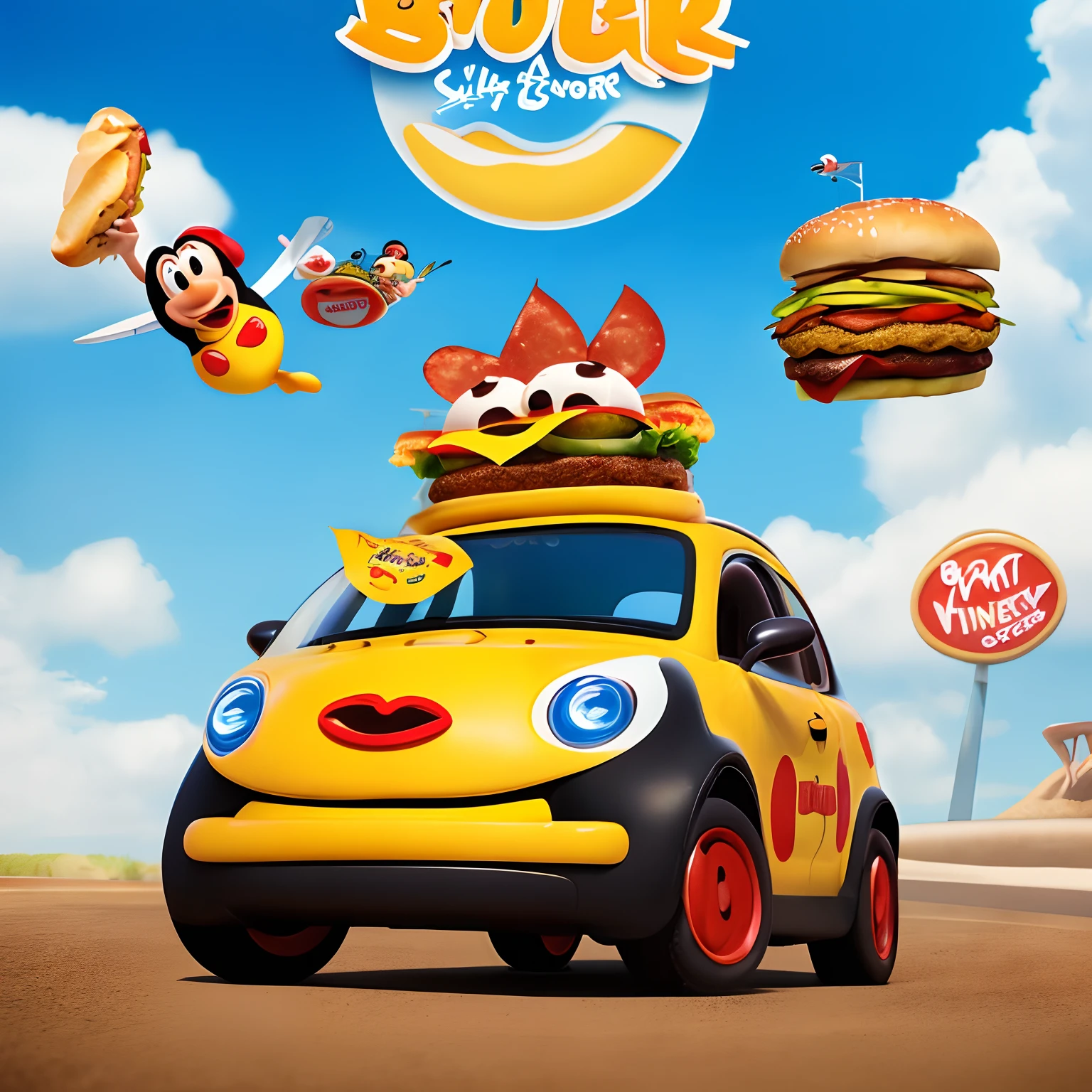 Disney PIXAR-style poster : Story of A Little Burger with Cute Eyes and Amazed to Explore an Amazing World of Flying Fast Food, Enjoying the ride with your companion, a small hotdog.