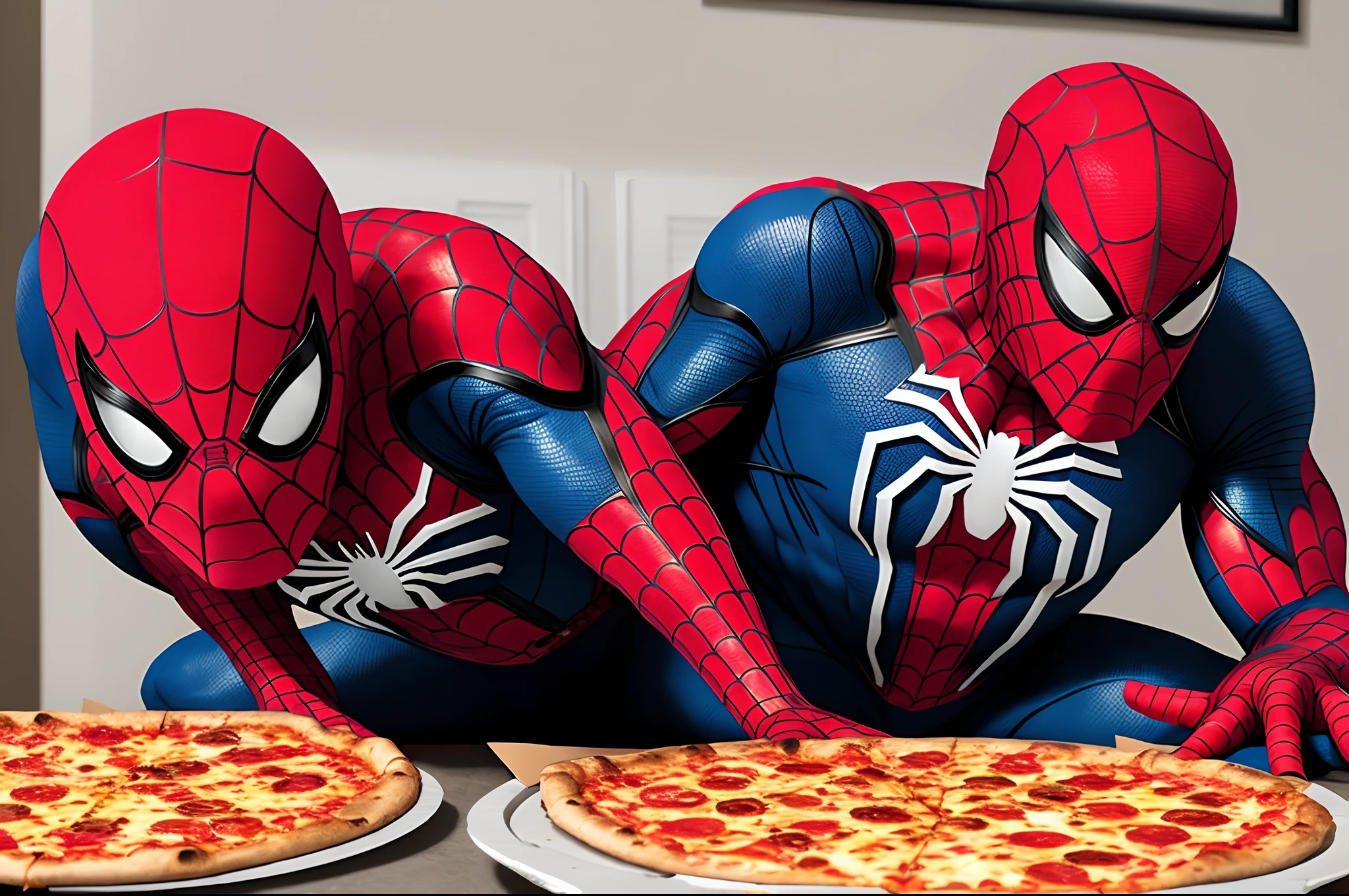 600 lbs. Spider-Man eating a greasy pizza