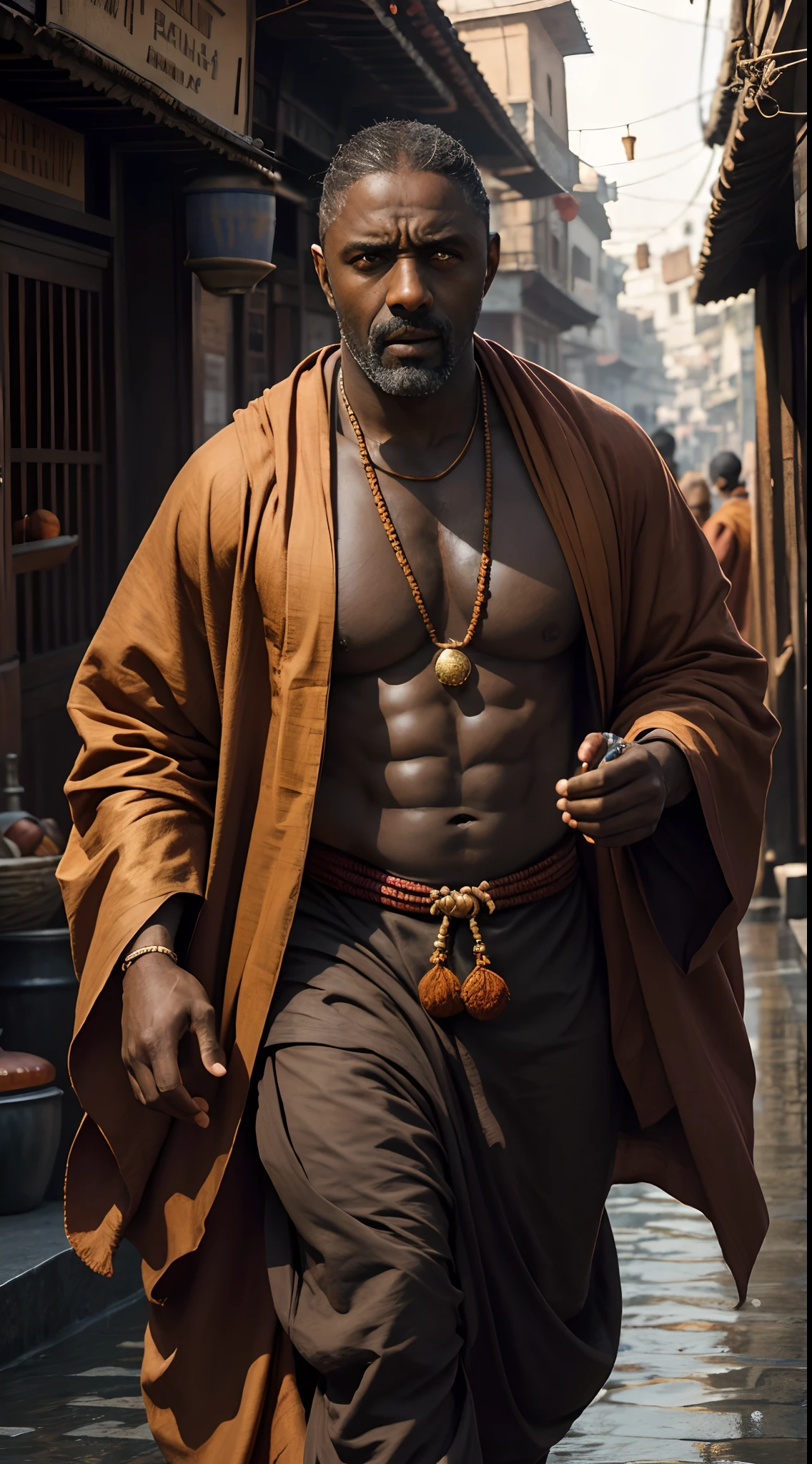 cinematic portrait photo of a very interesting idris elba, Wearing the saffron robes of a monk, Saffron clothes, Rudraksha beads, oblong water pot in hand (Kamandal), rudraksha in hand, walking in street of Banaras, eyes close up, highly detailed vfx portrait, taken with a full frame camera with a wild lens,