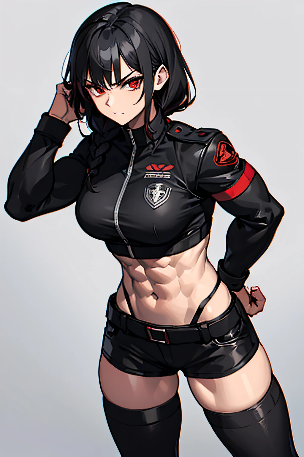 badass female, abs, muscular, red and black special forces uniform, braid black hair, revealing, full body
