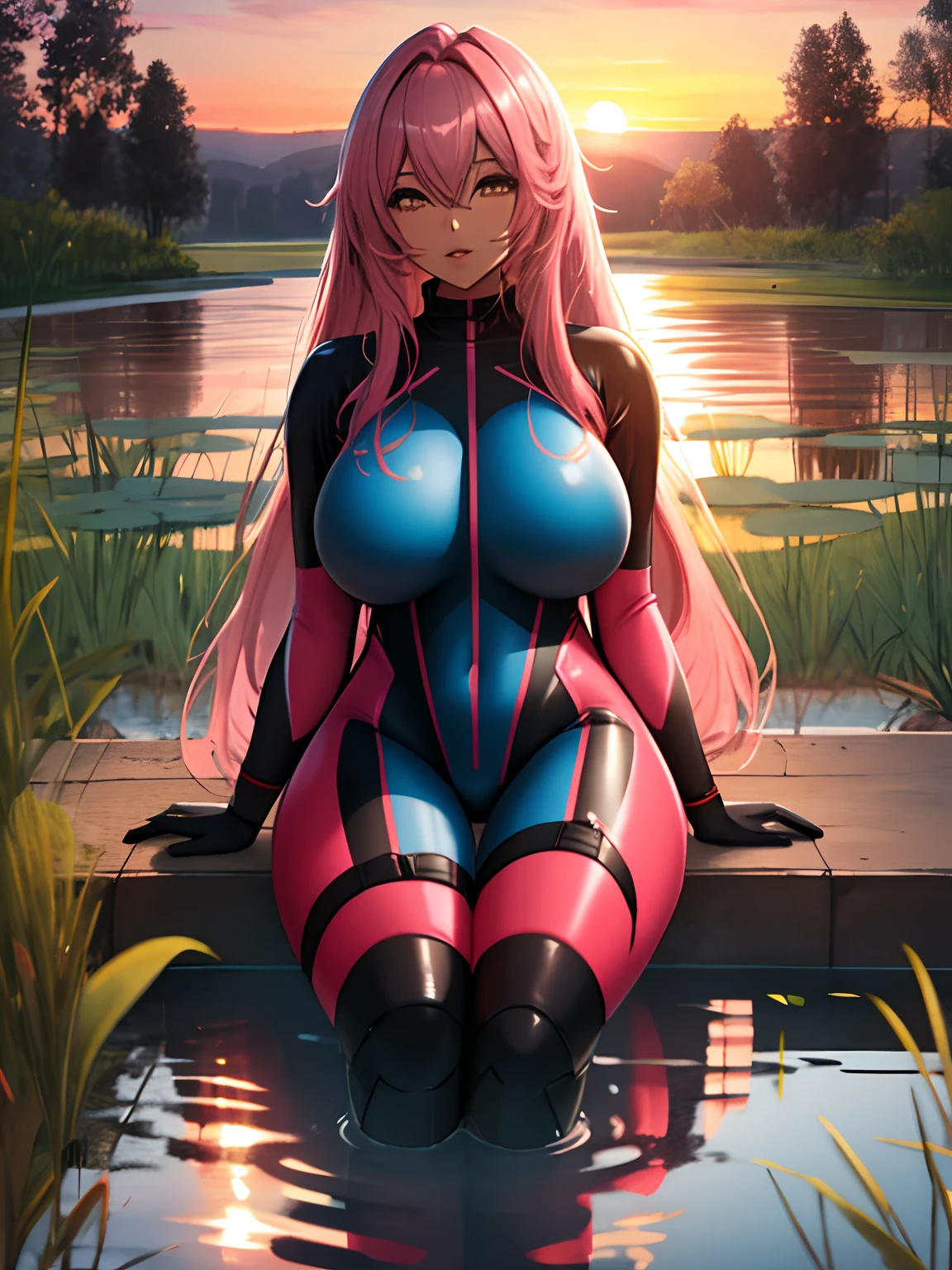 Tan skin Wet skin huge breasts female long pink hair tight blue body suit thick thighs sitting by pond full lips sunset