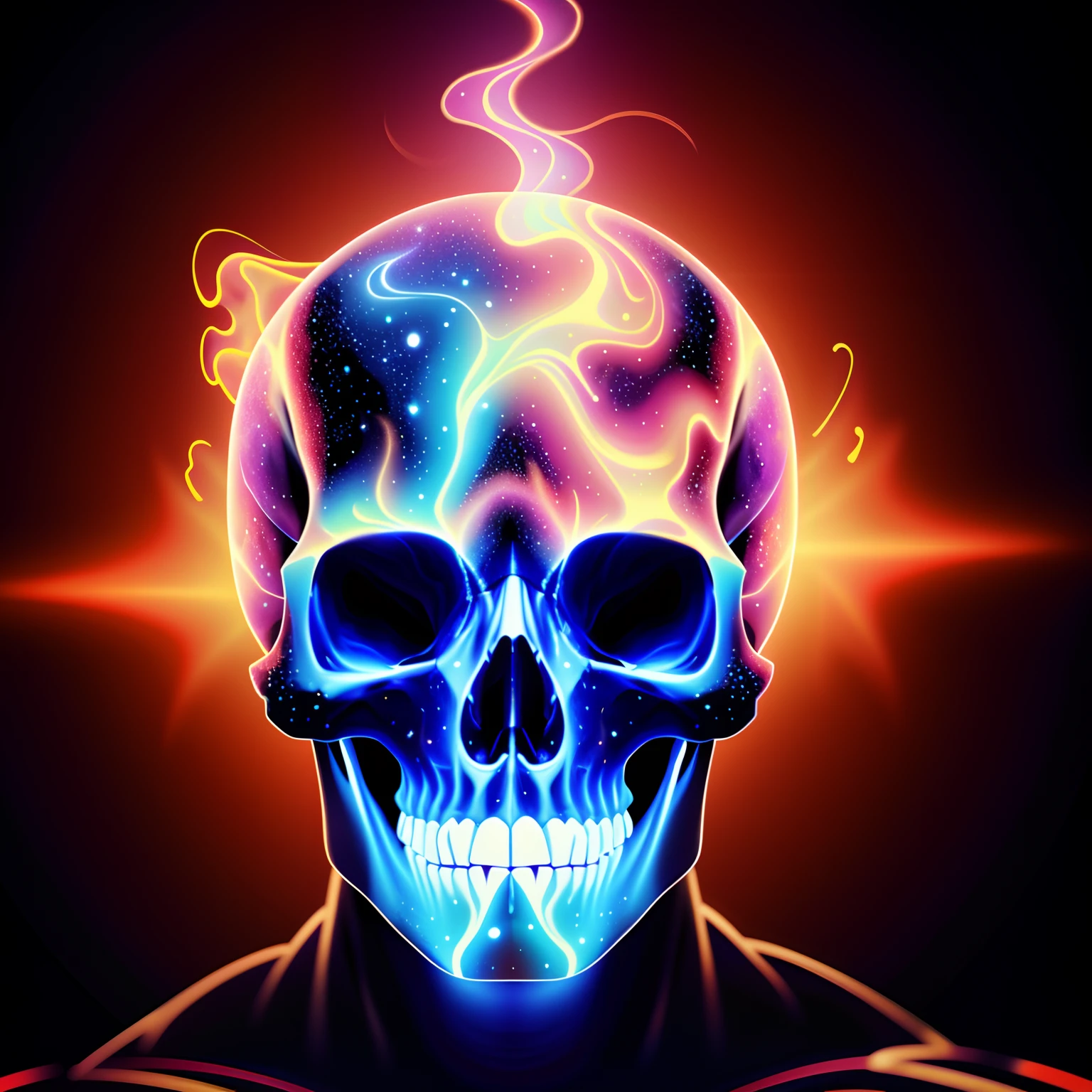 there is a man with a skull head and a cosmic background, nebula with the shape of a skull, fantasy skull, skull liminal void background, portrait of a cyber skeleton, background artwork, alien skull, portrait of a astronaut skeletor, glowing red skull, fiery skull contemplating life, detailed glowing head, 4k highly detailed digital art, a skull of an alien creature