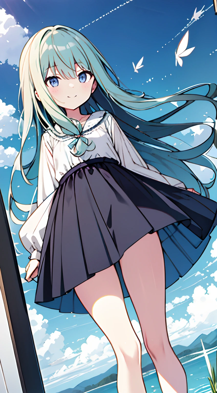 masuter piece, Best Quality,32K、Wallpaper, ultra -detail, Absurd beauty, 1beautiful girl、Big crisp eyes、Hair fluttering in the wind、Slender legs、Smaller head、miscievous smile、Angle looking up from below:1.3、♡♡♡、Poses in motion、The bikini、swimming pools:1.3、ample breasts