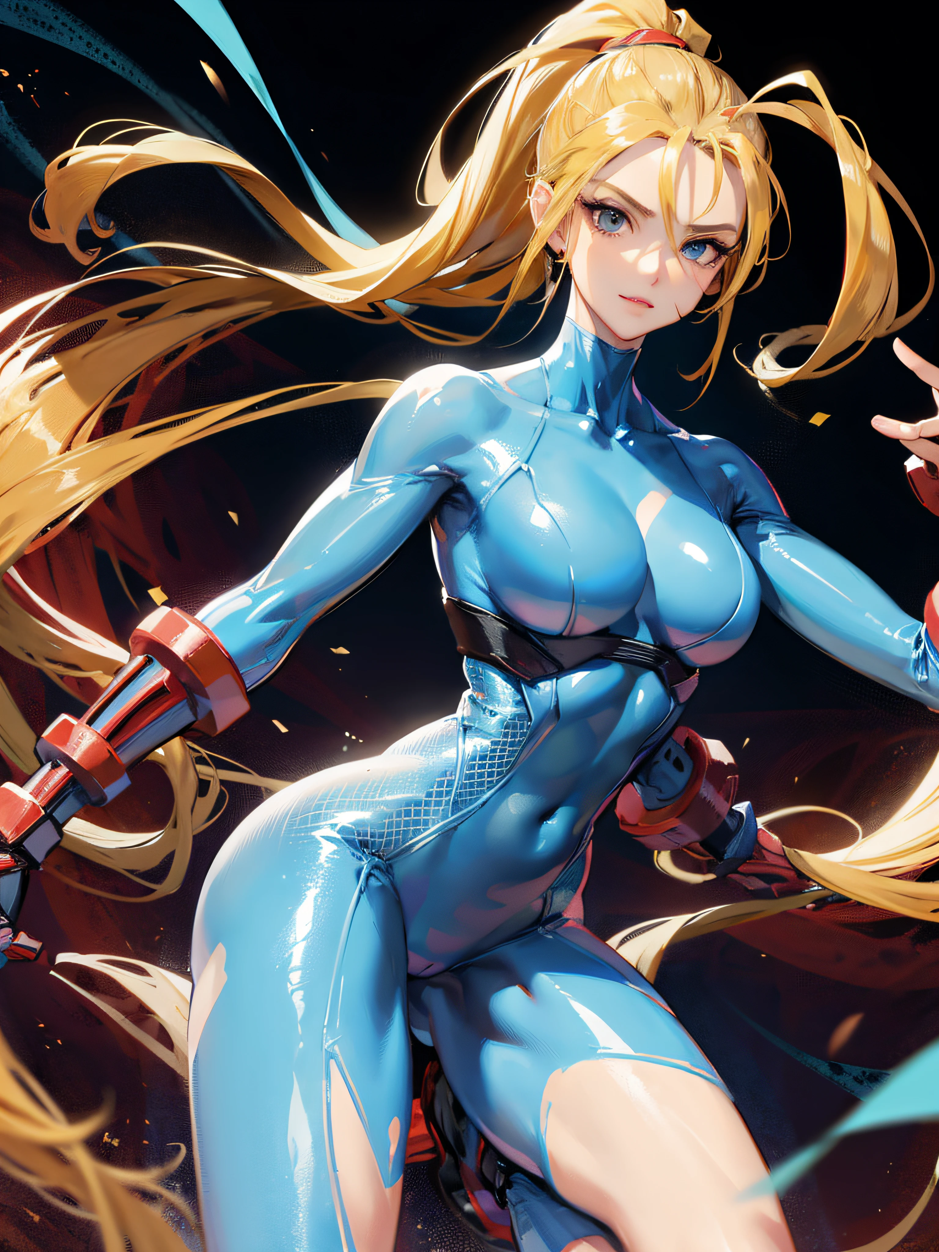 samus aran, blonde hair, antenna hair, ponytail, blue eyes, large breasts, collarbone, zero suit, blue bodysuit, light smile, simple background, sexy, cleavage, pose focus on butt, focus on waist,