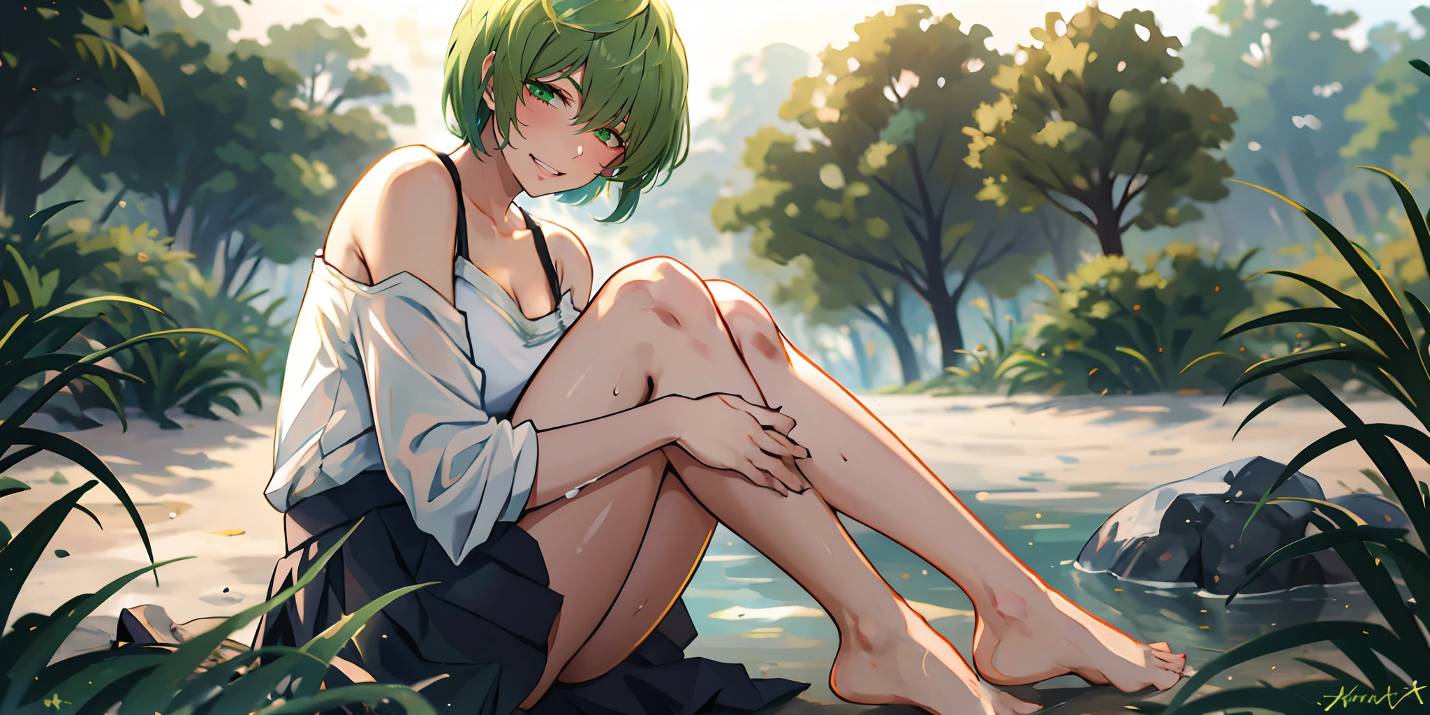 tenka izumo, (short hair, green hair:1.6), green eyes, multicolored hair, sweating, glowing eyes, heavy breathing, female focus, 1girl, barefoot, feet, skirt, breasts, outdoors, looking_at_viewer, tree, blush, bare_legs, sitting, solo, large_breasts, black_skirt, mole, legs, bare_shoulders, toes, thighs, shirt, off_shoulder, sidelocks, bush, day, long_sleeves, leg_hug, mole_under_eye, pleated_skirt, mole_under_mouth, "glow effects, godrays, Hand drawn, render, 8k, octane render, cinema 4d, blender, dark, atmospheric 4k ultra detailed, cinematic, Sharp focus, big depth of field, Masterpiece, colors, 3d octane render, 4k, concept art, trending on artstation, hyperrealistic, Vivid colors, extremely detailed CG unity 8k wallpaper, trending on CGSociety, Intricate, High Detail, dramatic", anime coloring, anime screencap, sweating, steaming body, fog