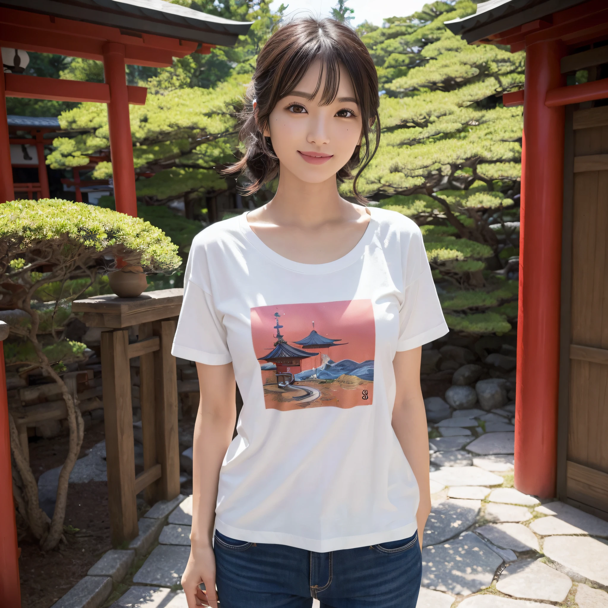One beauty、((best qualtiy、8k masterpieces:1.3))、foco nítido:1.2、(ultra beautiful faces:1.0)、(shinny skin:1.0)、photos realistic、A dark-haired、Video Lighting、High-definition eyes and face、Video Lighting、25-year-old Japan actress、from the front side、medium breasts、Smile、Slender Abs Beauty、Whole body、Kanji for Japan「tenderness」Wearing a T-shirt、At the shrine