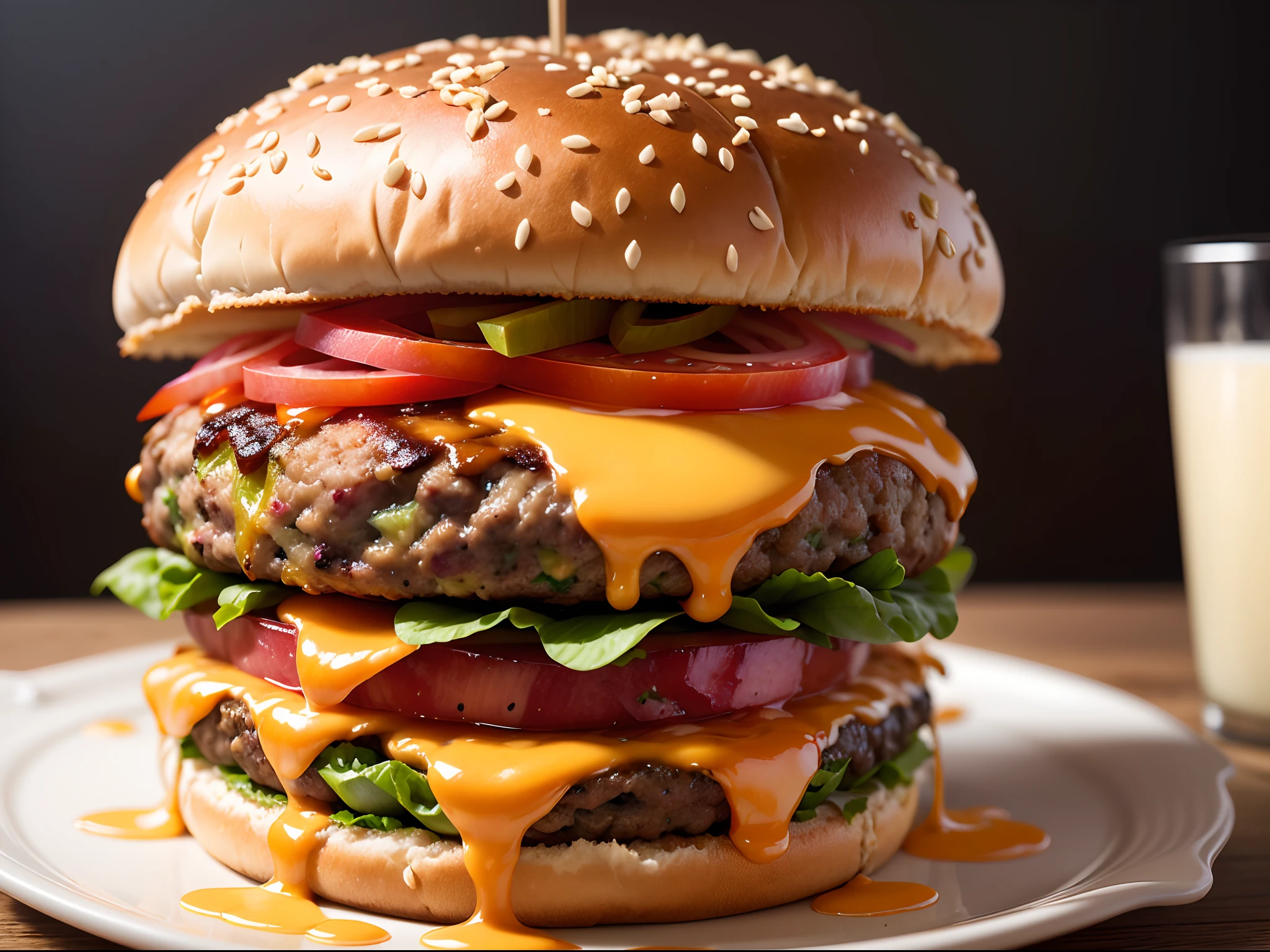 (best quality,4k,8k,highres,masterpiece:1.2),ultra-detailed,(realistic,photorealistic,photo-realistic:1.37),mouth-watering hamburger,gourmet burger,great-looking burger,juicy burger,tempting burger,yummy burger,delicious burger,appetizing burger,beautiful detailed burger,tasty burger,perfectly cooked burger,flavorful burger,iconic fast food item,freshly grilled burger,burger with melted cheese and crispy lettuce