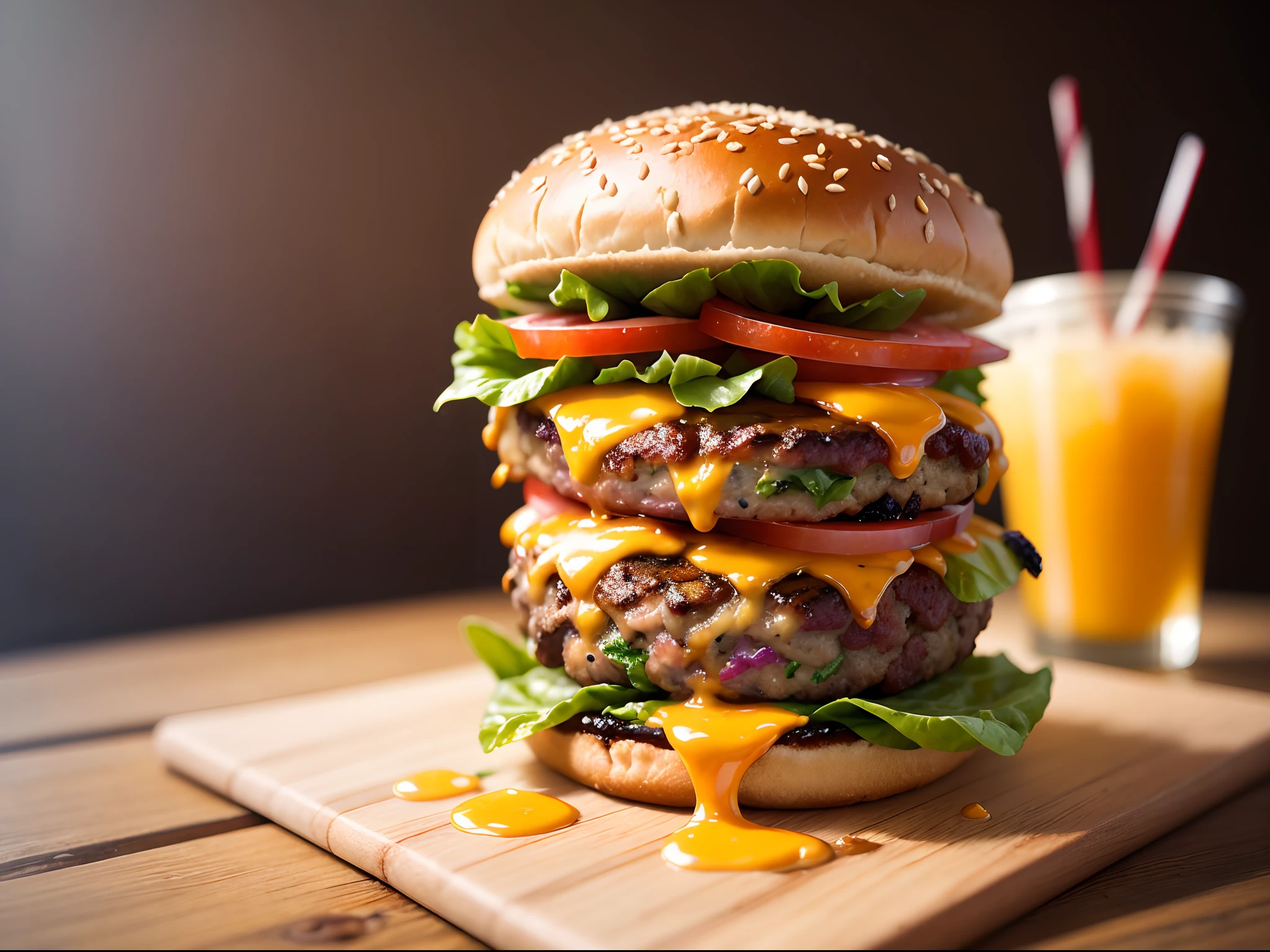 (best quality,4k,8k,highres,masterpiece:1.2),ultra-detailed,(realistic,photorealistic,photo-realistic:1.37),mouth-watering hamburger,gourmet burger,great-looking burger,juicy burger,tempting burger,yummy burger,delicious burger,appetizing burger,beautiful detailed burger,tasty burger,perfectly cooked burger,flavorful burger,iconic fast food item,freshly grilled burger,burger with melted cheese and crispy lettuce