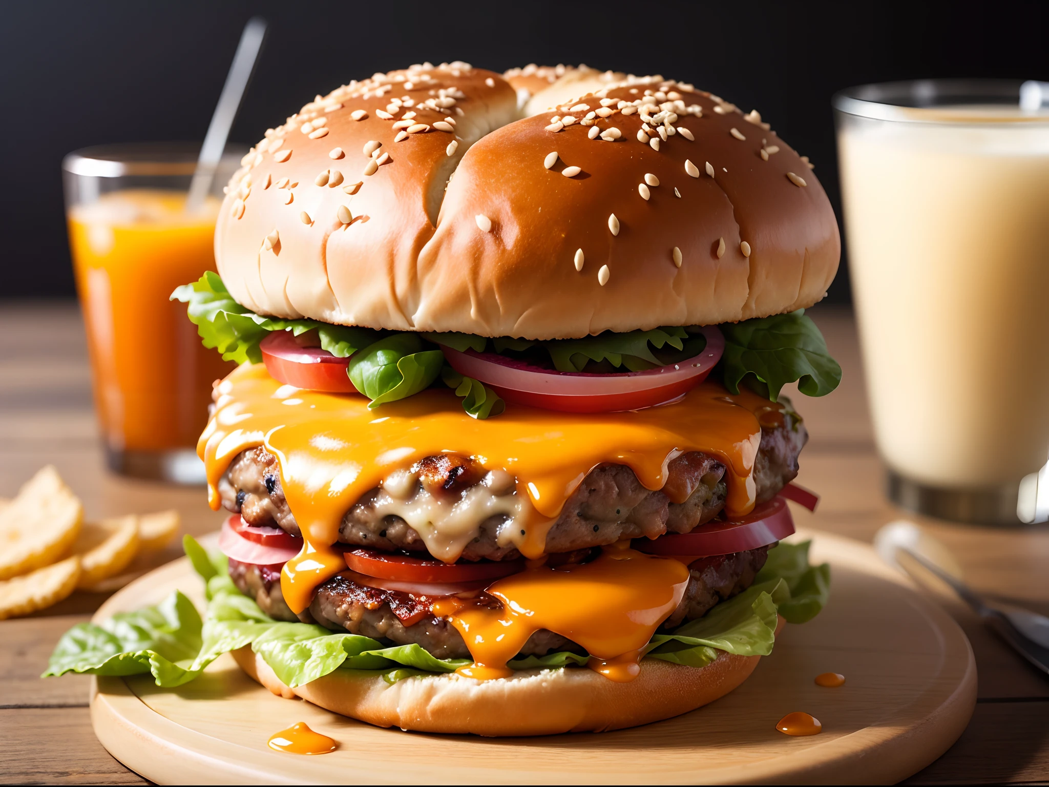 best quality, ultra high resolution, (photorealistic: 1.4), ultra-detailed, amazingly detailed, veggie burger, foil wrapper, big mac, fried meat, wet lettuce, melty cheese,