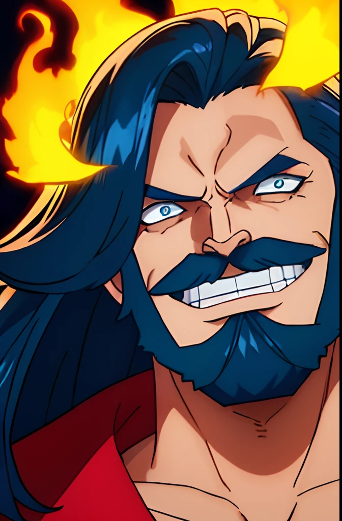 homem de cabelo comprido escuro, cabelo semelhante ao do arlong, bigode fino, olhos verdes, olhos muito detalhados, testa marcada, laughing in a sarcastic way, He's in front of blue flames, Villain Aspect, maligno, painel