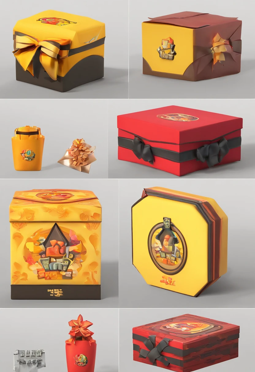 gift boxes，3D icons，clay，cartoony，Nintendo，adolable，lisses，The sheen，Red and yellow，Gradient color，white backgrounid，Highest detail，Best quality at best，Isometric view，Anime model 5，quality of 2
