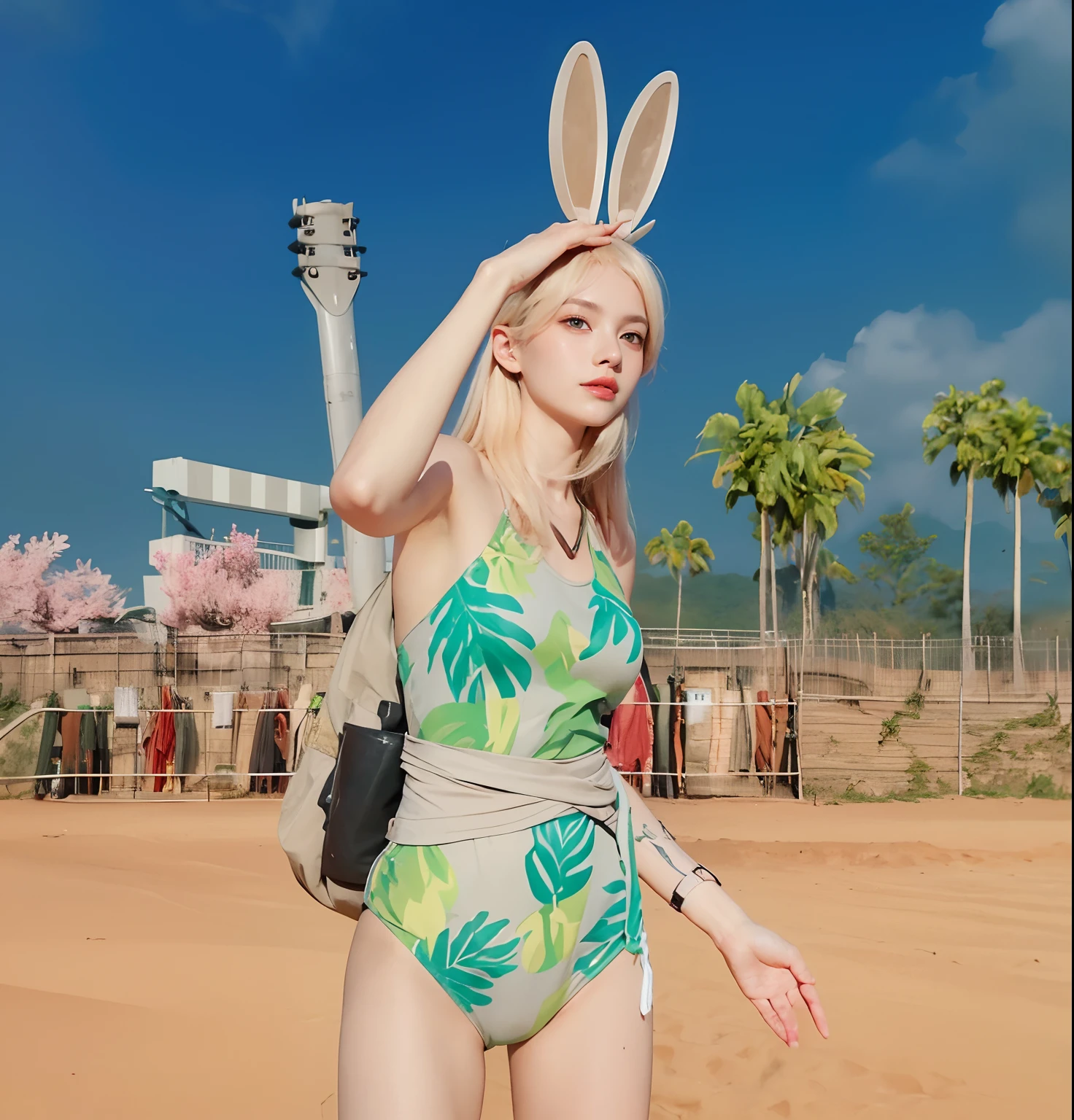 8K, RAW photos, Best quality, Masterpiece: 1.2),(best qualtiy，8K, Yes，32K，masterpiece，hyper HD：1.2) , 20 years old, blond woman in camouflage outfit posing in forest with backpack, gorgeous jungle ranger, military girl, infantry girl, soldier girl, wojtek fus, quiet from metal gear solid, forest hunter lady, in a jungle, ready for combat, in the jungle, high definition cgsociety, beautiful female soldier, cammy, in jungle, stunning cgsociety