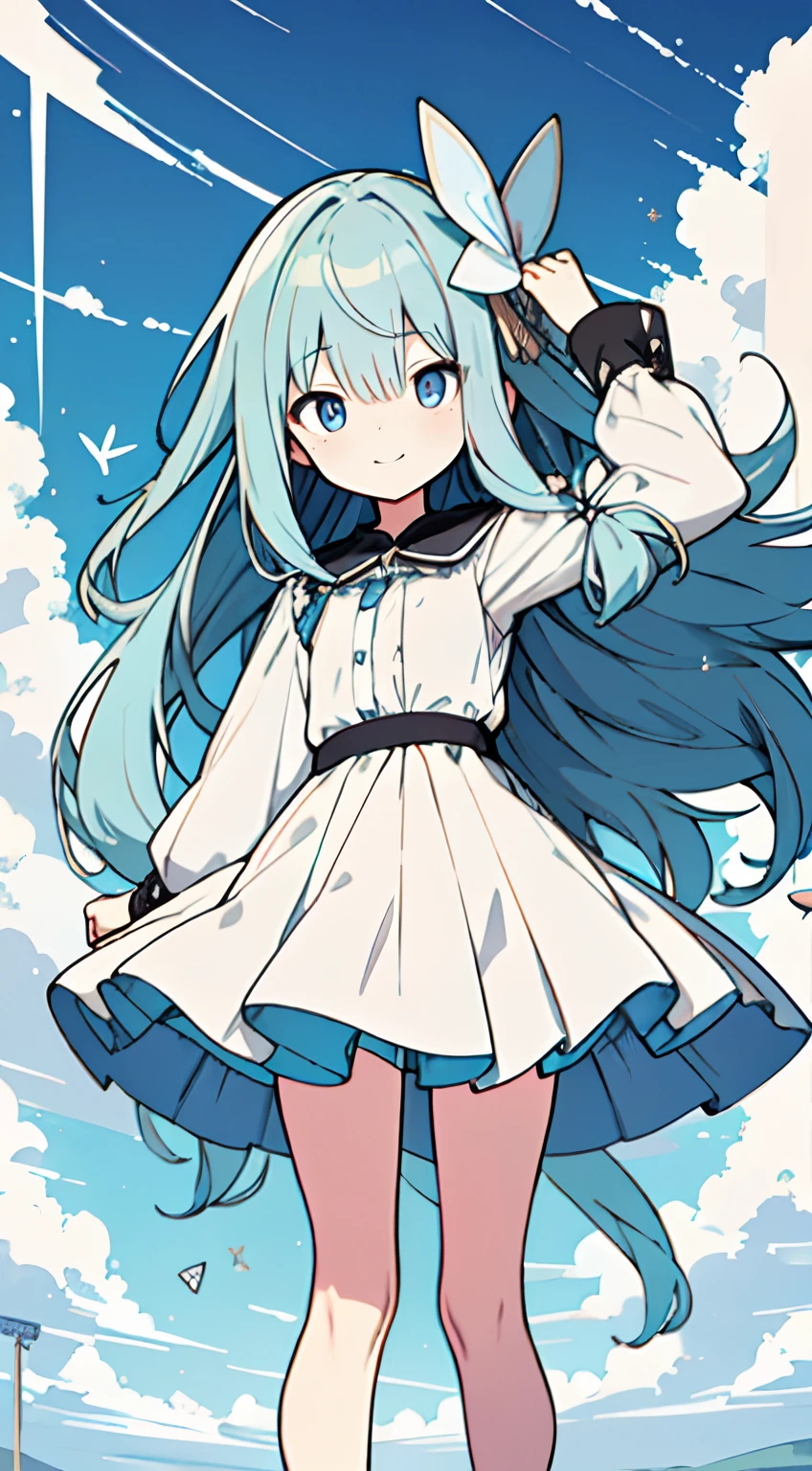 masuter piece, Best Quality,32K、Wallpaper, ultra -detail, Absurd beauty, 1beautiful girl、Big eyes、Hair fluttering in the wind、Slender legs、Smaller head、miscievous smile、Angle looking down from above、✨