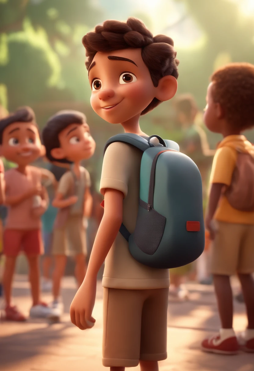 Cartoon boy with backpack and basketball in front of a crowd, 3D animated film, animation film, pixar 3 d animation style, pixar renderman rendering, Maia 8 mil, animated film, Disney Pixar Estilo 3D, brincando com um sorriso no rosto e correndo em uma quadra, In another photo, the same boy hugs a teacher