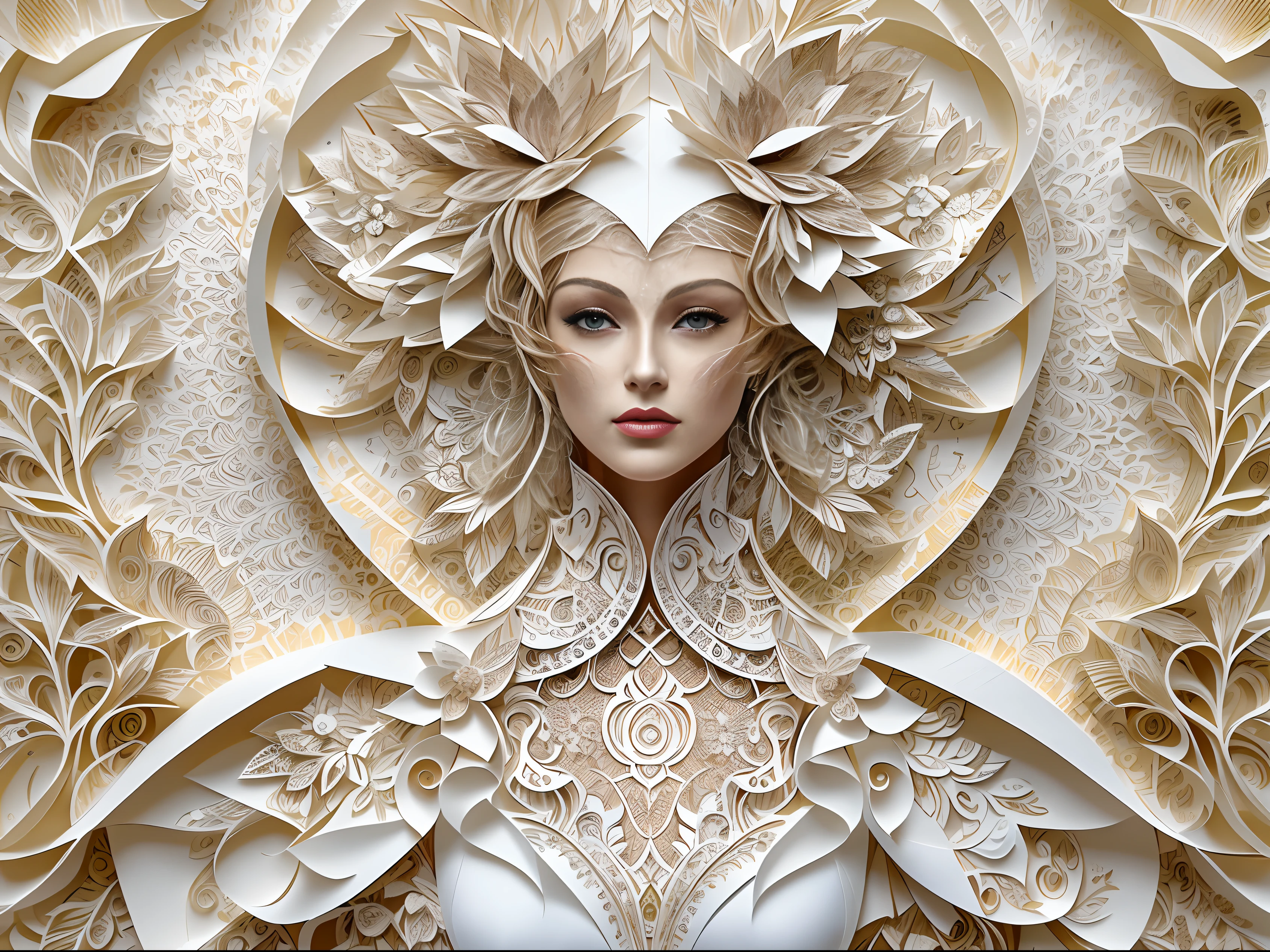 (((arte em papel cortado,Flat paper cutout。)))There is a picture of a woman in a paper wedding dress, paper modeling art, paper art, made of paper, karol bak uhd, layered paper art, detailed dress and face, Goddess. Extremely high detail, Very detailed woman, detailed woman, Intricate fantasy of reality, fantasy. Intricate, Intricate beauty, Obras de arte intrincadas, intricate portrait