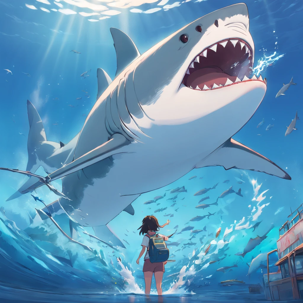 Great white shark，Cartoony，Exposing human pollution