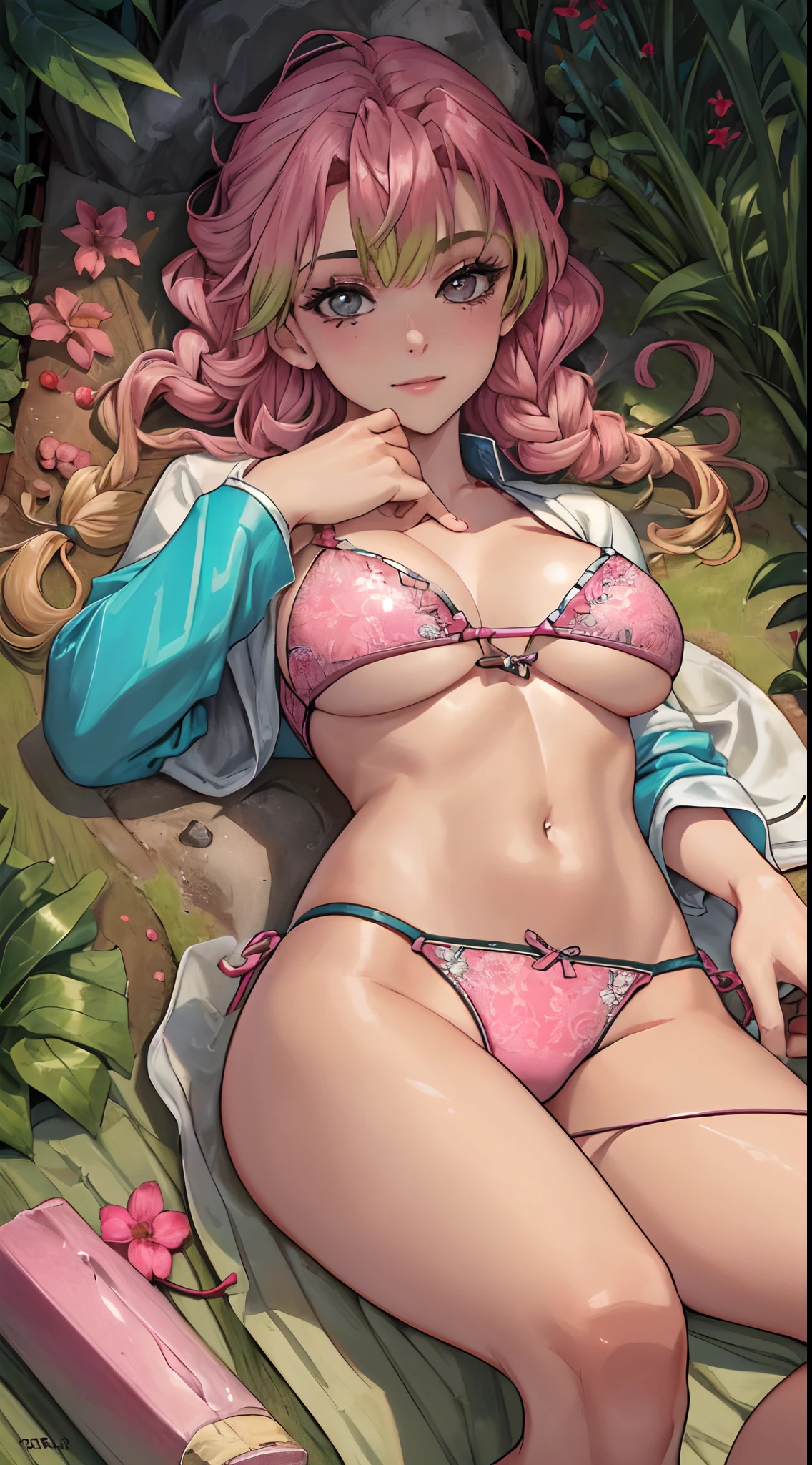 Nice, (beste-Qualit, tmasterpiece, Super detailed: 1.5), (((lying on his back, putting your hand on the))), perfect  lighting, The vibrant, Employ, Nature, Mitsuri, micro bikini, pink panties