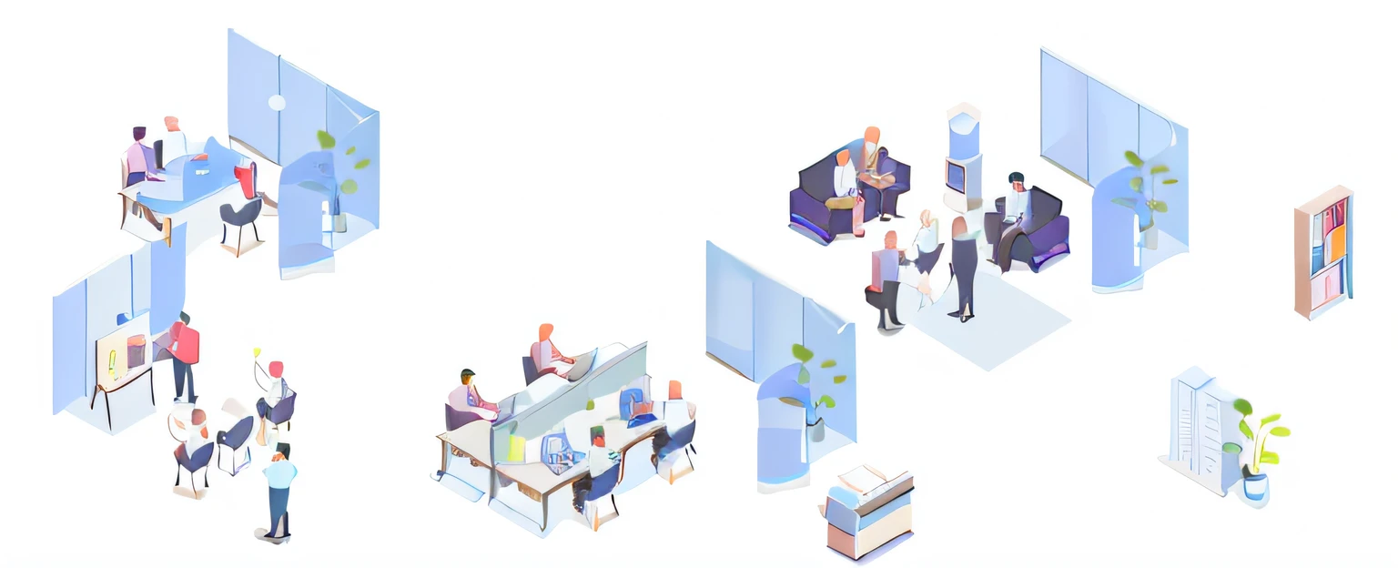 A group of people standing at a table with laptops, Detailed 2D illustration, isometric illustration, Flat illustration, Commercial illustration, Isometric style, working in an office, Simple illustration, in a open-space working space, isometric illustration fun, corporate animation style, isometric 8k, Accurate isometric viewpoint, prerendered isometric graphics