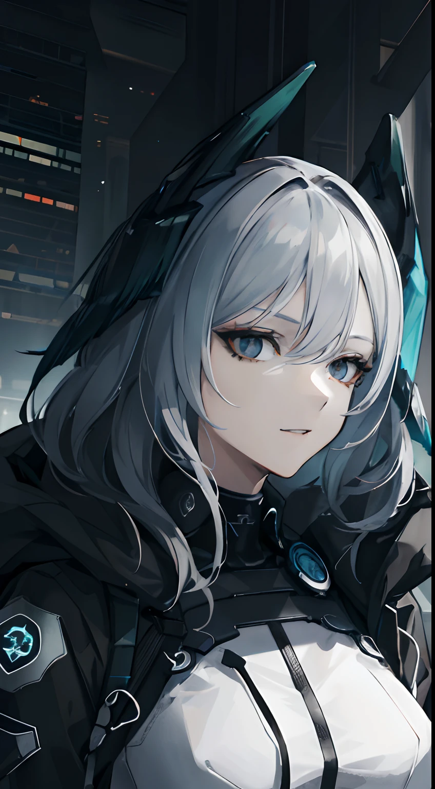 (absurdres, highres, ultra detailed), 1woman, mature female, aged up, wavy long hair, white hair, black eyes, bangs, long sleeves, finely detailed eyes and detailed face, extremely detailed CG unity 8k wallpaper, intricate details, portrait, looking at viewer, solo, (full body:0.6), detailed background, detailed face, (matrix theme:1.1) evil high-tech futuristic hacker,  advanced technology, hoodie, techwear, wearable device, keycard, cables, head-up display, blue (holographic display:1.05), access granted,   cybersecurity, server room in background, orange lights,  dark sinister atmosphere, , portrait, wind swirling