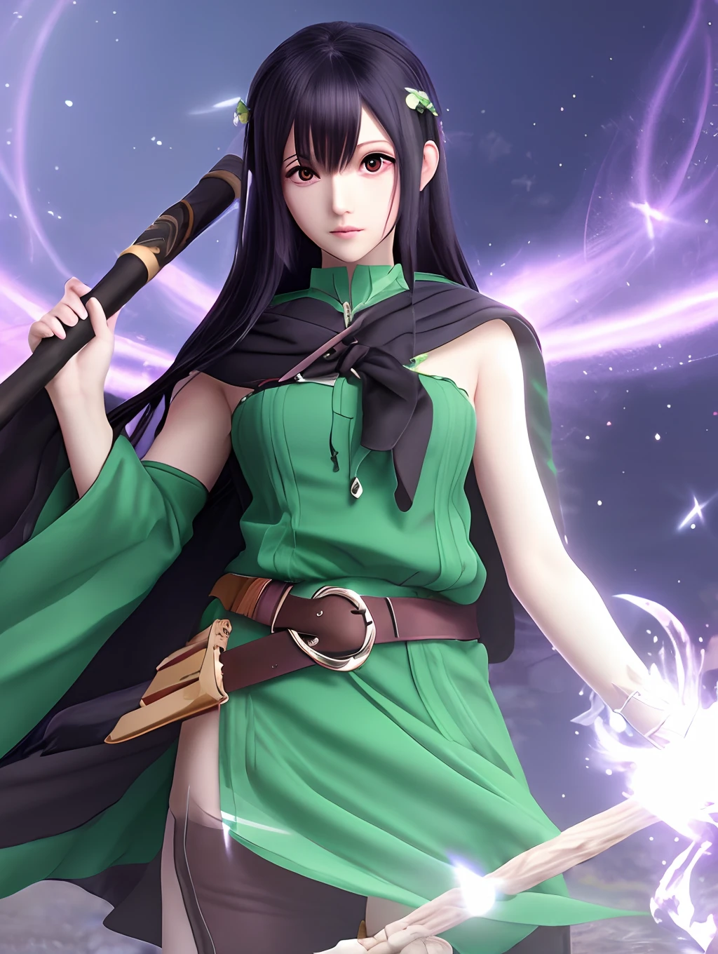 A druid with black hair and green clothes holding a staff and in the other hand using healing magic all this in an anime rpg style