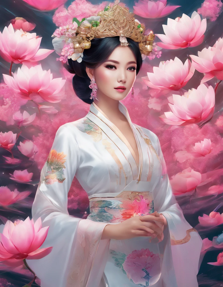 ((Best quality)), ((masterpiece)), ((realistic)), ((Best quality)), ((masterpiece)), ((realistic)), image of girl wearing ao dai holding a bunch of lotus flowers, cute and beautiful, high resolution photo, sharpness, face with coins, long hair, wearing a conical hat, welcoming guests, provocative and sexy pose , full body sexy