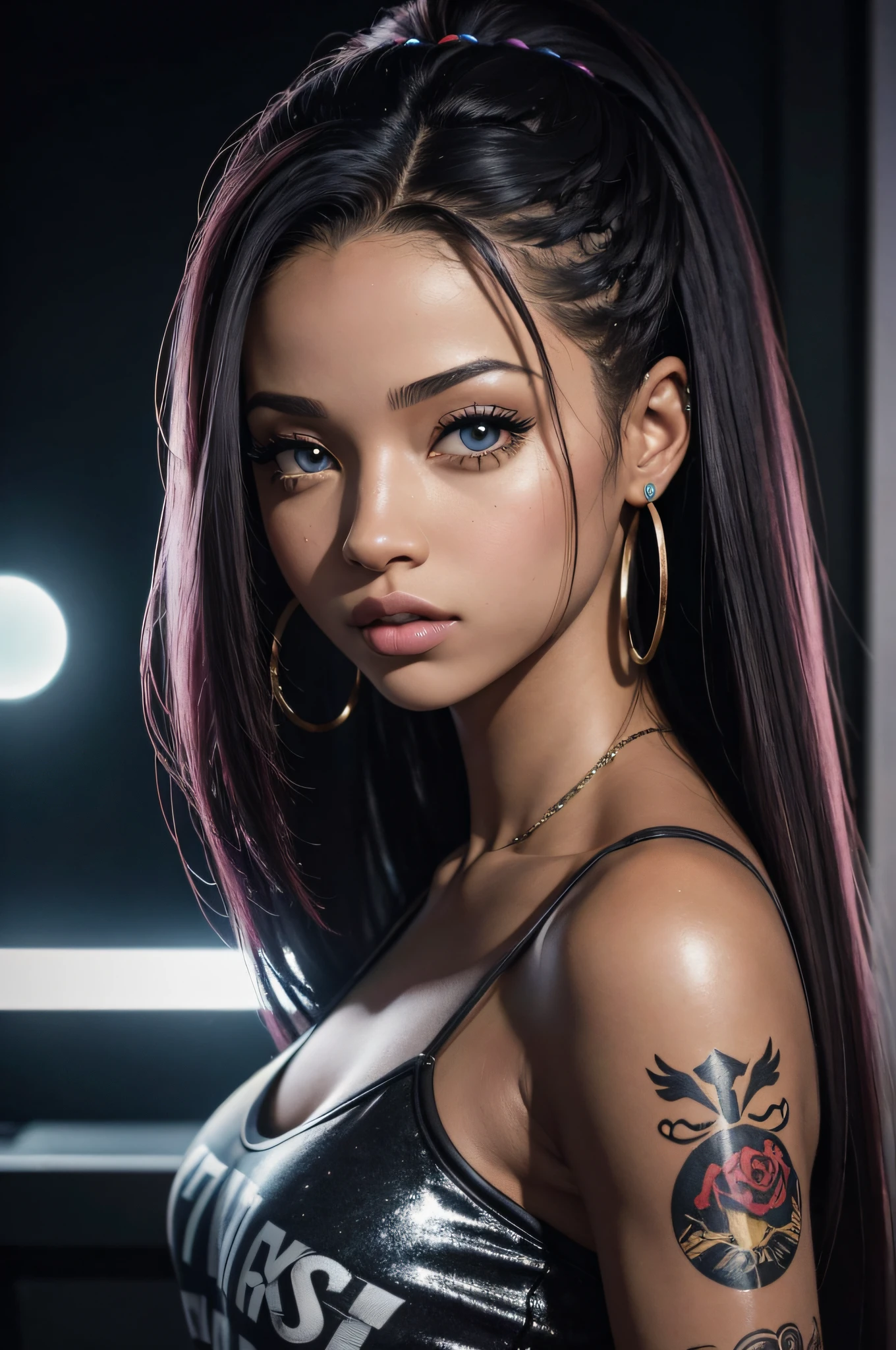 photo of a woman as a sexy TikTok influencer, ocean hair, ocean eyes, angry, modelshoot style, (extremely detailed CG unity 8k wallpaper), photo of the most beautiful artwork in the world, professional majestic (photography by Steve McCurry), 8k uhd, dslr, soft lighting, high quality, film grain, Fujifilm XT3 sharp focus, f 5.6, High Detail, Sharp focus, dramatic, (wearing a punk t-shirt), (looking at viewer:1.2), (detailed pupils:1.3), (natural light), (closeup:1.2), (seductive), Araffe mulher com cabelo preto longo e um top preto, Violeta Myers, lindo rosto latino, Parece Laura Barriales, Mulher mexicana bonita, mulher nova com cabelo escuro longo, female with long black hair, foto de perfil headshot, mulher com cabelo preto, Anastasia Ovchinnikova, Retrato Sophie Mudd, flawless olive skin, cabelo e maquiagem escuros, (Selfie, Top view: 1.4), (metade reta do corpo: 1.4), Foto de retrato RAW UHD de uma loira de 24 anos (mulher de olhos azuis) caminhando por um beco escuro, Seios enormes:1.25,, city at night, (Meias), (decote), Detalhes (Texturas! , Hair! , Glitter, Cor!! , Desvantagens: 1.1), olhos brilhantes com alto detalhe (looking at the camera), SLR lighting, SLR camera, ultra-qualidade, agudeza, profundidade de campo, filmic grain (centro), Fujifilm XT3, Cristalina, centro do quadro, beautiful face, foco nítido, street lamp, neon lighting, Bokeh (mal iluminado), Noite, (night sky), poros detalhados da pele, pele oleosa, queimadura solar, Detalhes Oculares Complexos, corpo inteiro, Seios enormes:1.25, (((8k, best quality, masterpiece:1.2))), DETAILED SKIN SKIN BLEMISH, (realistic, photo-realistic:1.37), Ultra-detailed, a close up of a Melaninated Caramel skin ebony woman with a tattoo on her arm In front of the mixing board at the Recording studio Listening to beats (((Looks like a mix of Dope celebrity females , Stacy Dash, Aalyah, Maya, Shakira, Ashcash, Danielle Bregoli Bhad Bhabie Hairstyle, Female Rapper Latto, Rubi Rose, RENNI RUCCI))) , ( --auto