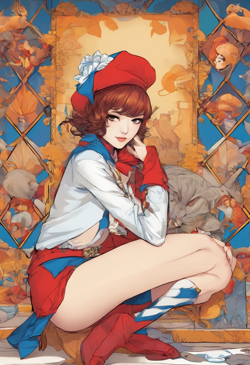 Pomni,harlequin hat red and blue, short Brown hair, nude, sitting, anime, spread her leg, showing her pussy