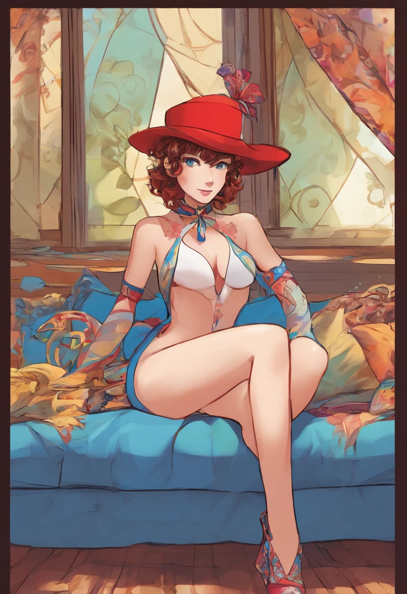 Pomni,harlequin hat red and blue, short Brown hair, nude, sitting, anime, spread her leg, showing her pussy