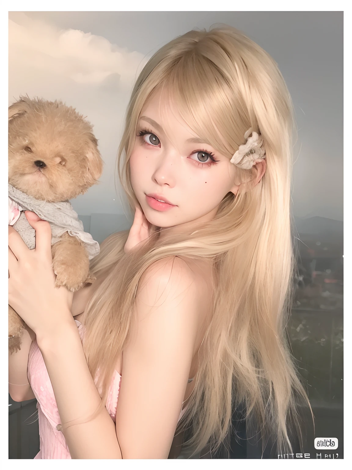 mujer rubia con el pelo largo sosteniendo un osito de peluche en sus brazos, con cabello largo y rubio, Cabello largo y rubio y ojos grandes, Skydoll Noa, Cabello largo y rubio y ojos grandes, El Corte Hime, Portrait of the Japanese gyaru, cabello rubio y ojos grandes, Sakimichan, Misa Amane *, Hermosa Delphine, tiene el pelo rubio