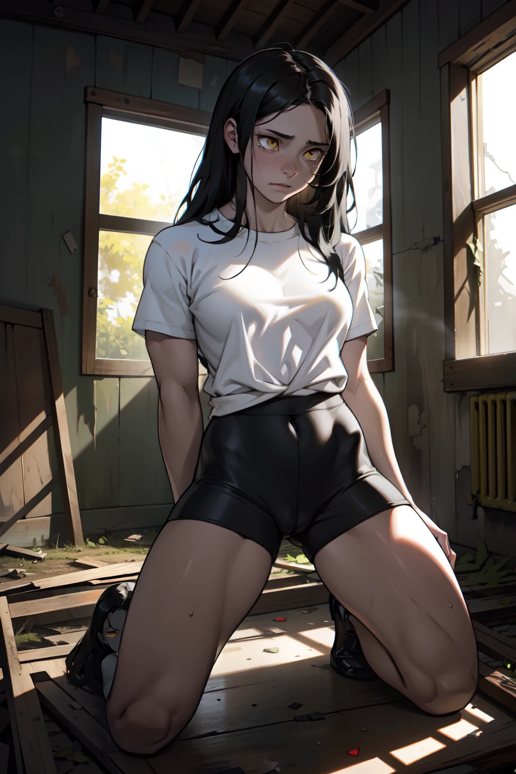 a kneeling girl with her hands tied behind her back in an abandoned house who's crying she's (muscular) with long black hair, yellow eyes and pale skin dark atmosphere