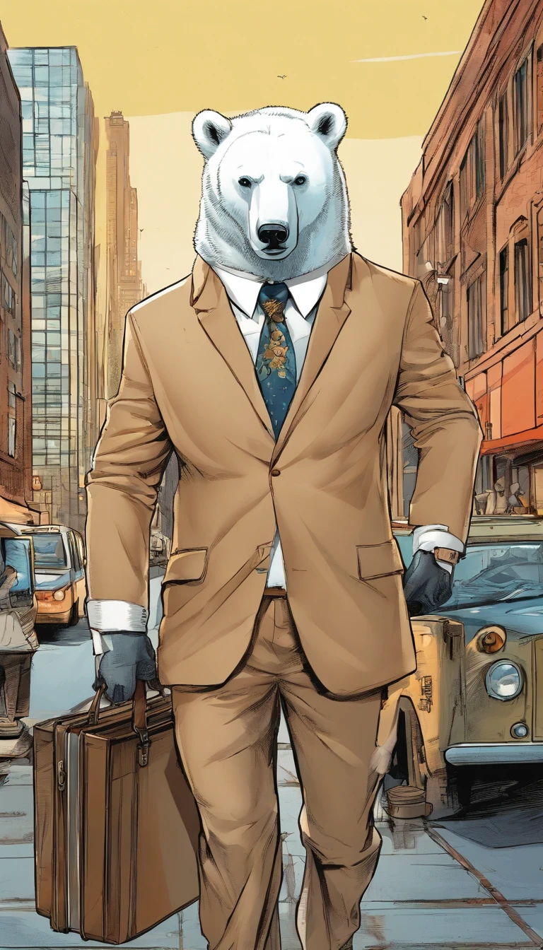 Polar bear in suit,Carrying a briefcase,Stand inside the bus,Tired eyes,Photographic realism,HD graphics