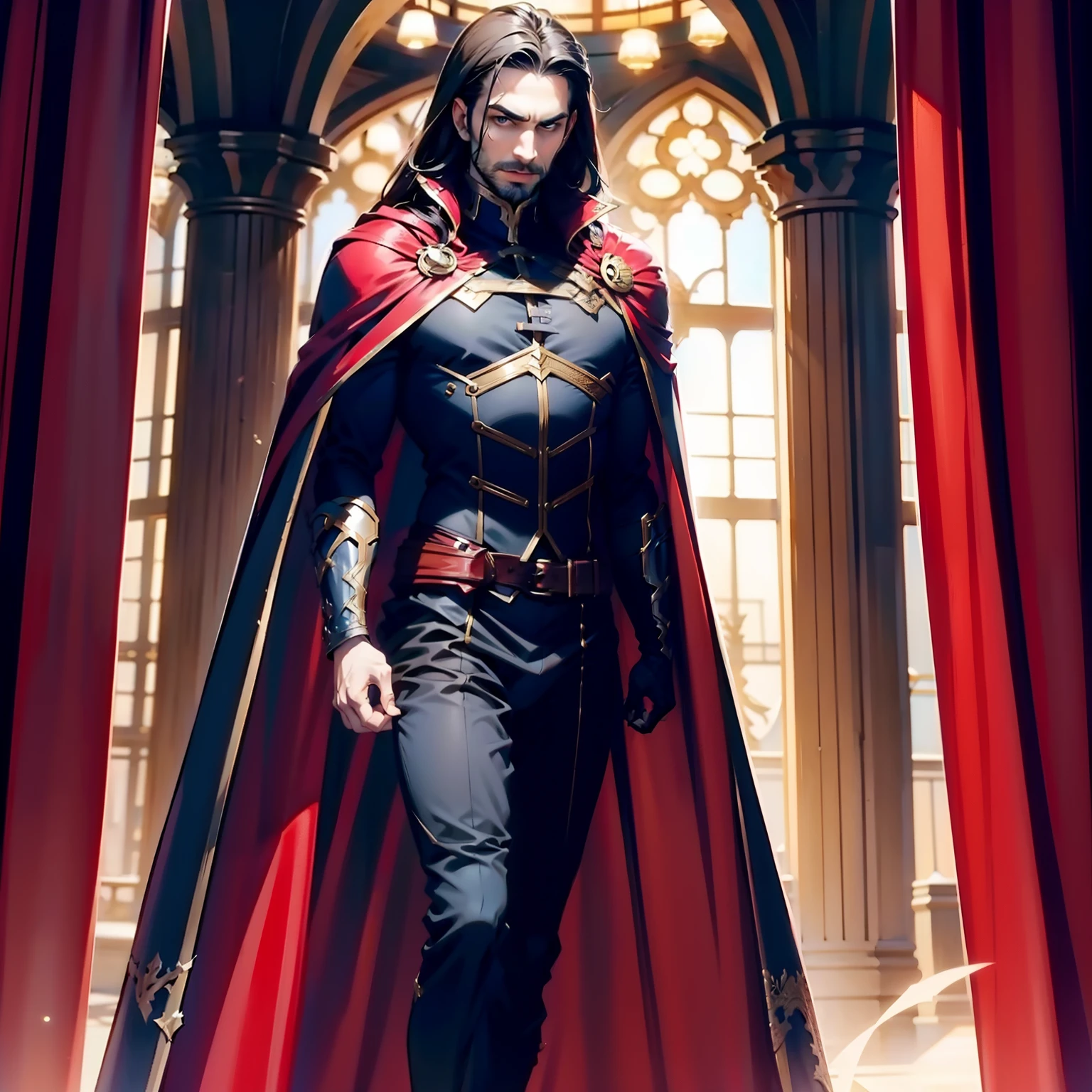 dhampir, male, red flowing cape, black suit