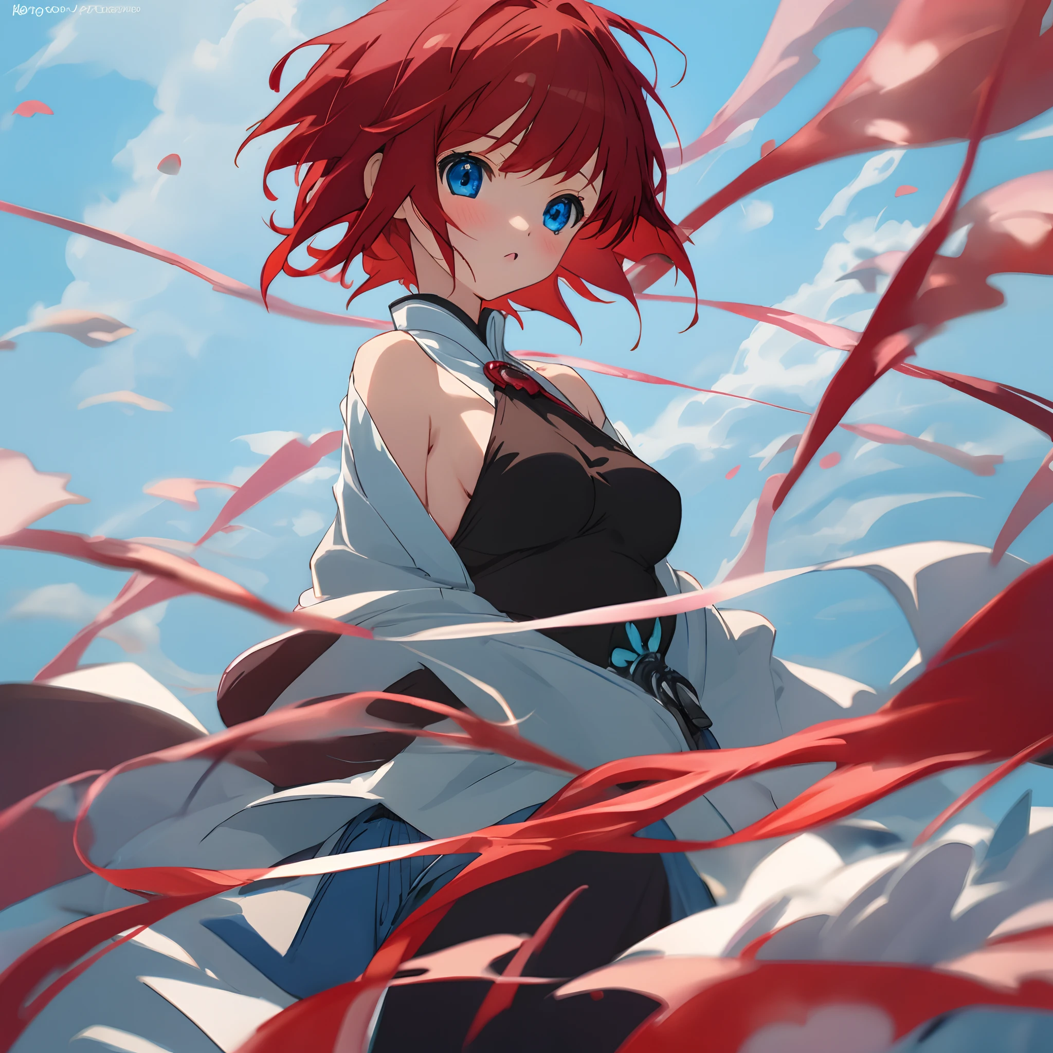 Girl, short hair, red hair, blue eyes, without boobs, anime