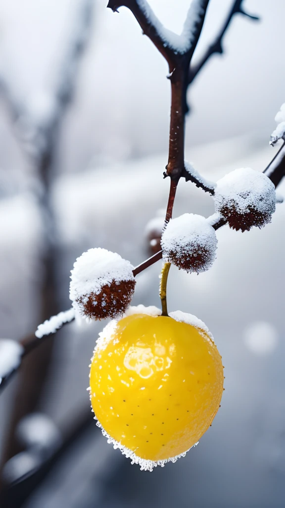 On the frozen branches grow yellow fruits,There is frost on the fruit,Early winter weather,Blur hazy background,first person perspective