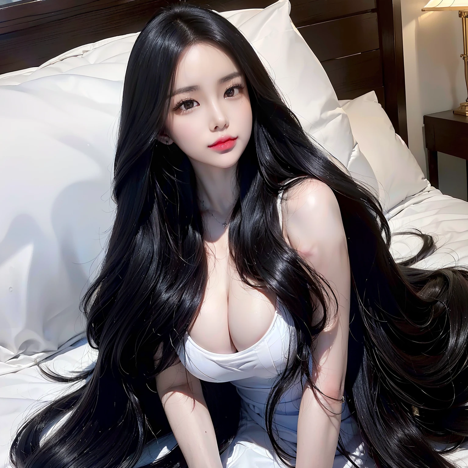 (Top image quality、top-quality、Top resolution、hyper realistic photography、Full body photo、masterpiece、)Two girls、Super beautiful beauty with amazingly long black hair、hair length about 3 meters、White underwear or naked、Hide the whole body with straight black hair、Very beautiful face、well-groomed beautiful black hair、very large amount of hair、She has very long black hair that emphasizes her sex appeal as a woman、slim figure、Lustrous beautiful hair、Bright lighting、profetional lighting、Winner of the World Long Hair Contest、Full body real photo、Head-to-toe photo、Photo taken from about 4 meters away、Super Real、Stand up straight、Two hands、2 legs、5 fingers、The longest black hair in the world、lying in bed with long hair spread、Long hair spread out on the bed overflows from the bed、Hair is heavy and tired、Hair longer than Rapunzel、very large amount of hair、Lying face down on the bed、She hides her whole body with very long black hair、Hair that is shampooed every day is very clean、Hair smells of roses、Female sex appeal lies in very long black hair、The attractiveness of women lies in very long black hair、Long black hair is a symbol of beauty、My pride is very long black hair、This long hair length and amount is admired all over the world、I'm in the process of forcibly cutting this long black hair out of my hairline....、This long hair will be sold at an overpriced price、A very beautiful woman is cutting my long black hair、The location is a beauty salon、A large amount of black hair is falling on the floor of the beauty salon、The floor in the beauty salon is buried with trimmed black hair、