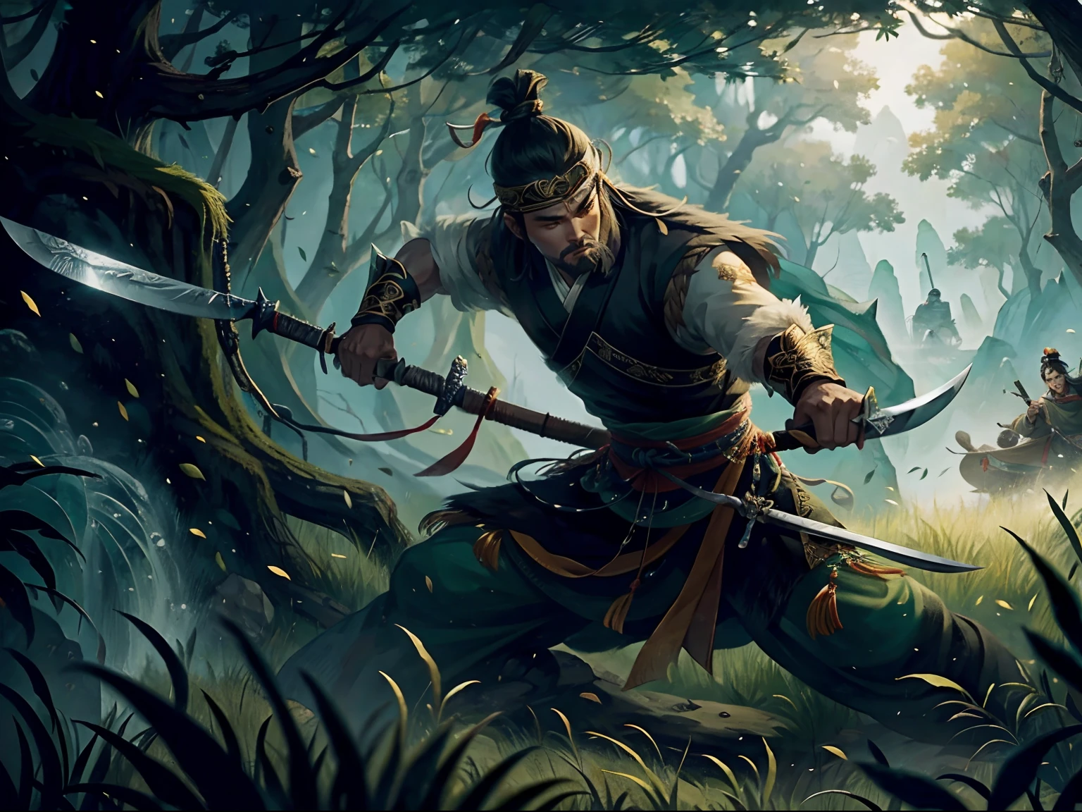 A fierce battle is about to break out，the woods，Grass and trees，The leader of the bandits, Qi Yuxuanang，Majestic，stubbles，Armed with a long knife，The knife is huge,The knife is golden， There were several black-clad bandits behind him， Wait for the order of the chief， 32K， Best quality， Masterpiece， Super detail， High details，Chinese Ancient Times