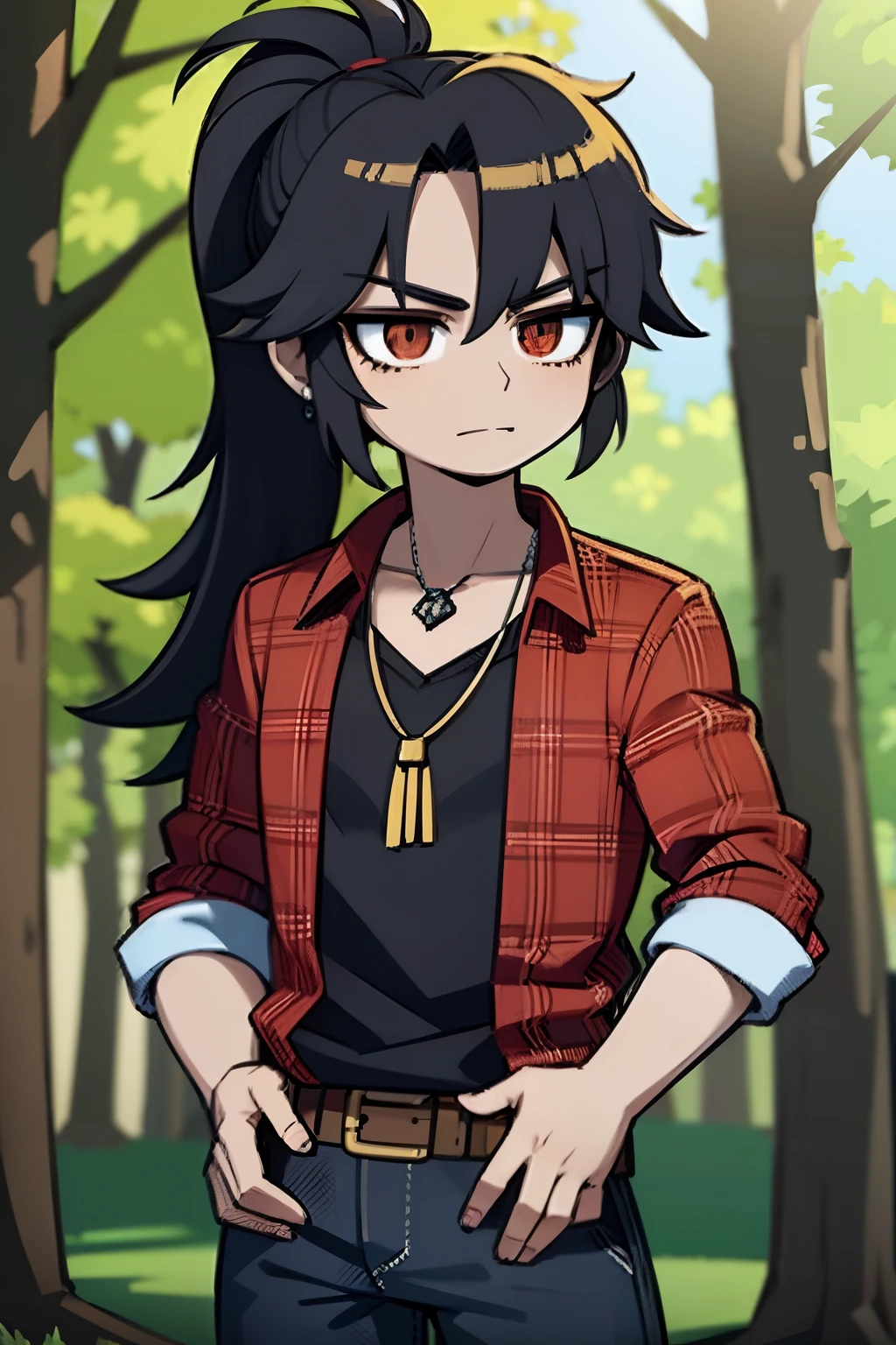 young boy, long hair, ponytail hairstyle, black hair, red plaid shirt, red plaid lumberjack shirt, brown jacket, indigenous necklace, jeans, in a forest, in a northern forest, tall trees with pointed leaves in the background, white clouds , landscape, 4k, masterpiece