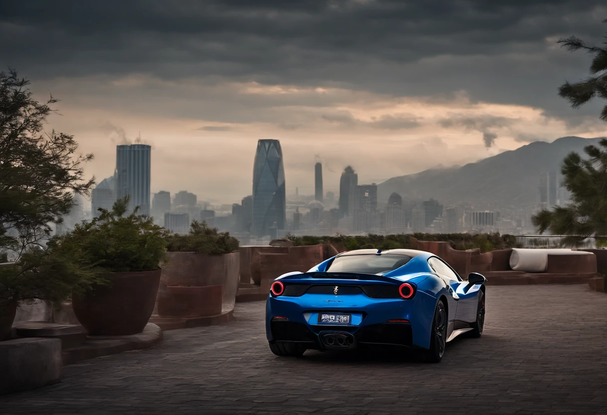 (Best quality, 8k, Masterpiece :1.2), hyper realistic, cyberpunk, at a mountain, an detailed red Ferrari 488, (Facing the audience), The blue skyscraper in the background, at night,
