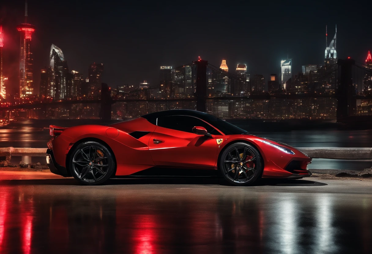 (Best quality, 8k, Masterpiece :1.2), hyper realistic, cyberpunk, at a mountain, an detailed red Ferrari 488, (Facing the audience), The blue skyscraper in the background, at night,