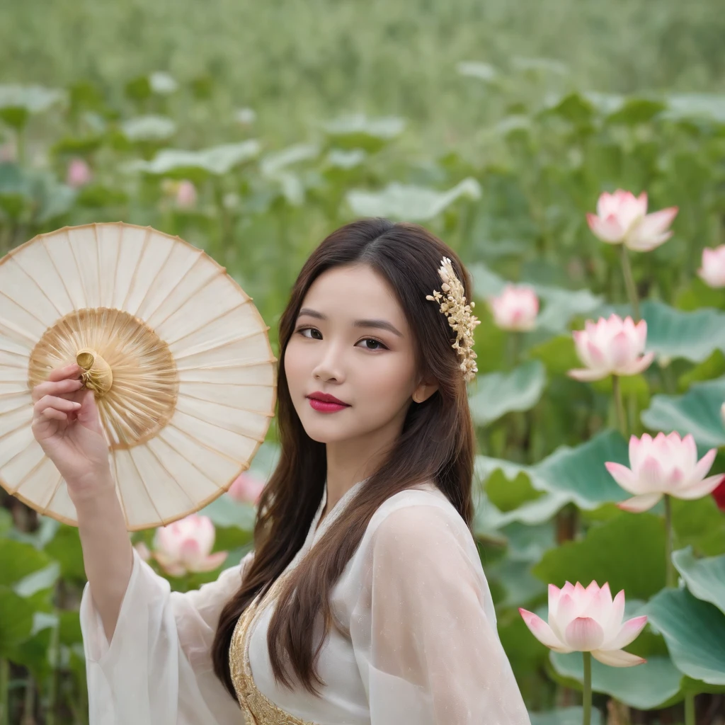 image of girl wearing ao dai holding a bunch of lotus flowers, cute and beautiful, high resolution photo, sharpness, face with coins, long hair, wearing a conical hat, welcoming guests, provocative and sexy pose , whole body