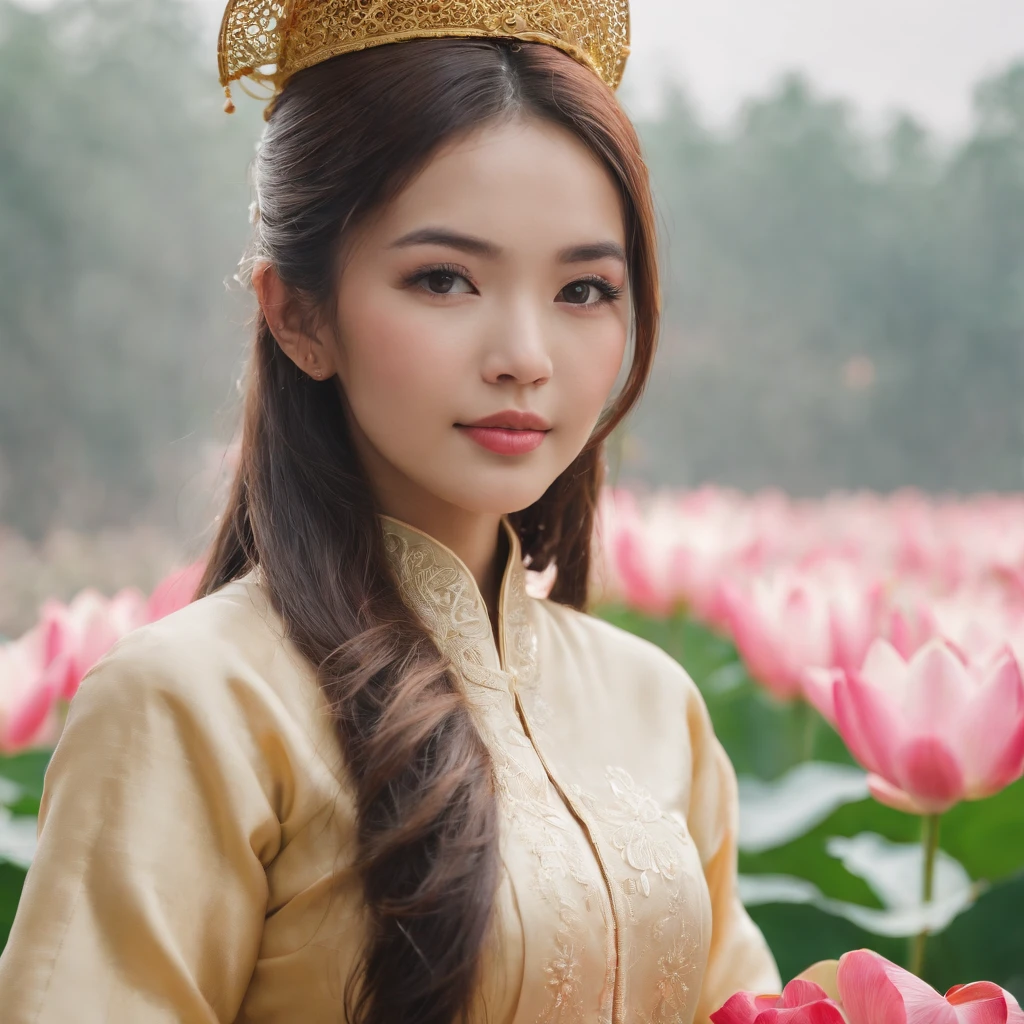 image of girl wearing ao dai holding a bunch of lotus flowers, cute and beautiful, high resolution photo, sharpness, face with coins, long hair, wearing a conical hat, welcoming guests, provocative and sexy pose , whole body