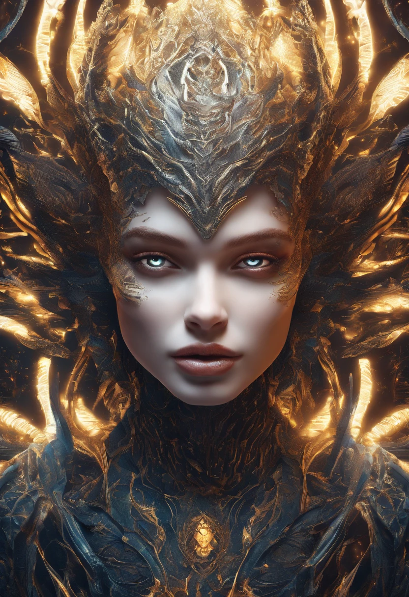 Cosmic Fallen Angel, glowing light eyes, Biomechanical, eerie, Creepy, nightmarish, Very bright colors, Light particles, with light glowing, Mshiv, wallpaper art, UHD wallpaper