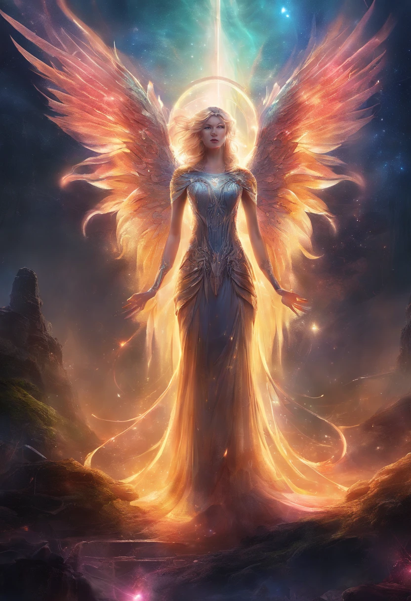 Cosmic Fallen Angel, glowing light eyes, Biomechanical, eerie, Creepy, nightmarish, Very bright colors, Light particles, with light glowing, Mshiv, wallpaper art, UHD wallpaper