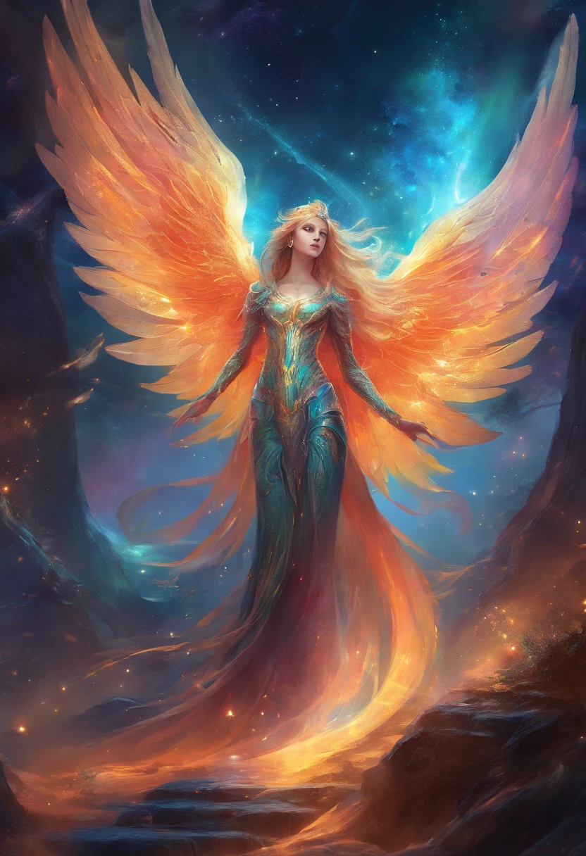Cosmic Fallen Angel, glowing light eyes, Biomechanical, eerie, Creepy, nightmarish, Very bright colors, Light particles, with light glowing, Mshiv, wallpaper art, UHD wallpaper