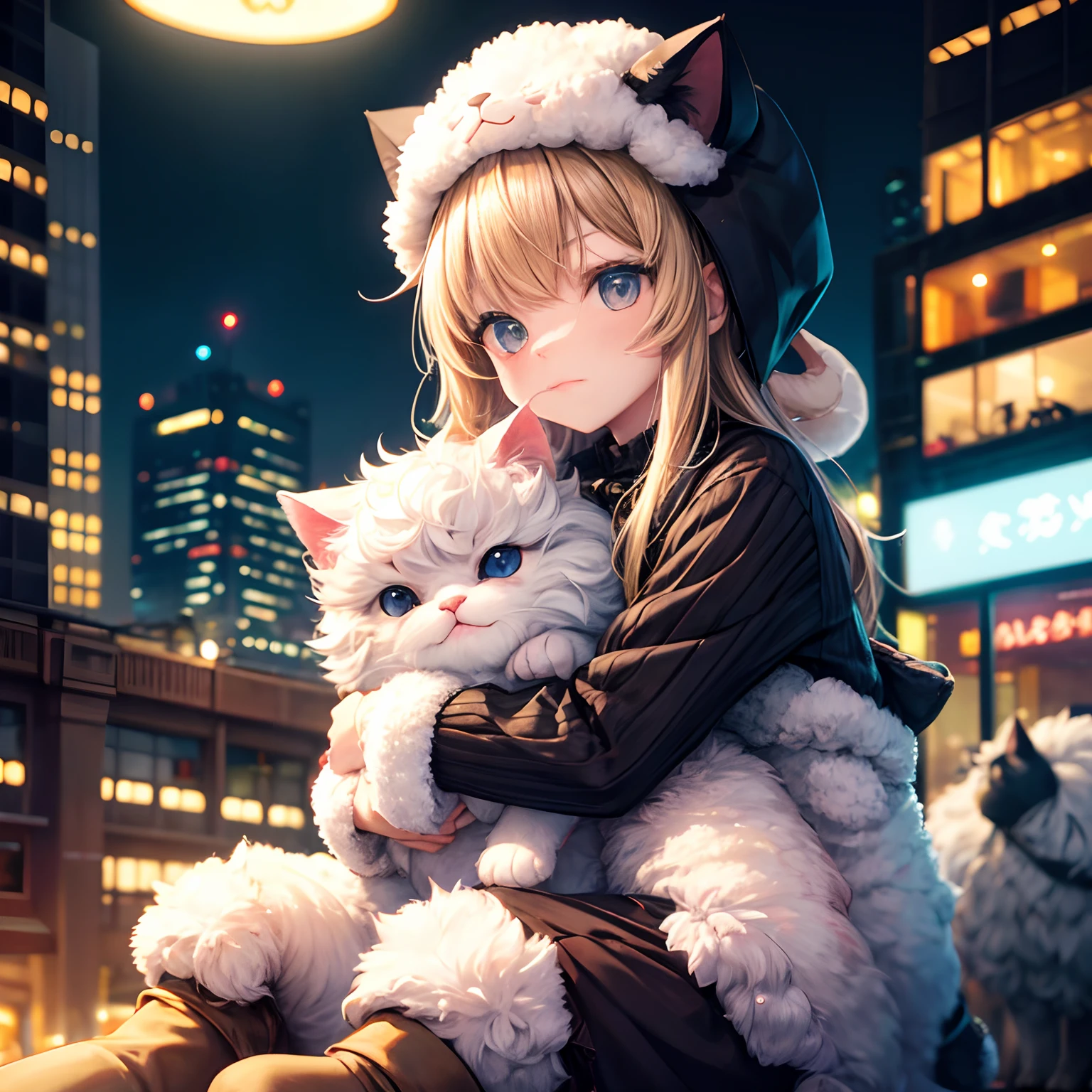 Portrait, Cute cat puppy in sheep clothes, Low light, Grumpy, City neon lights 8K at night